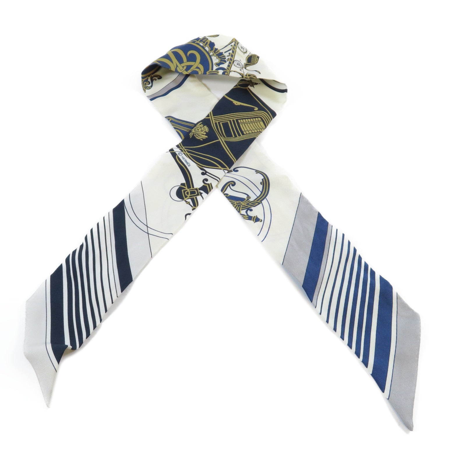 HERMES 絲質Twilly Scarf絲巾深藍色/米色