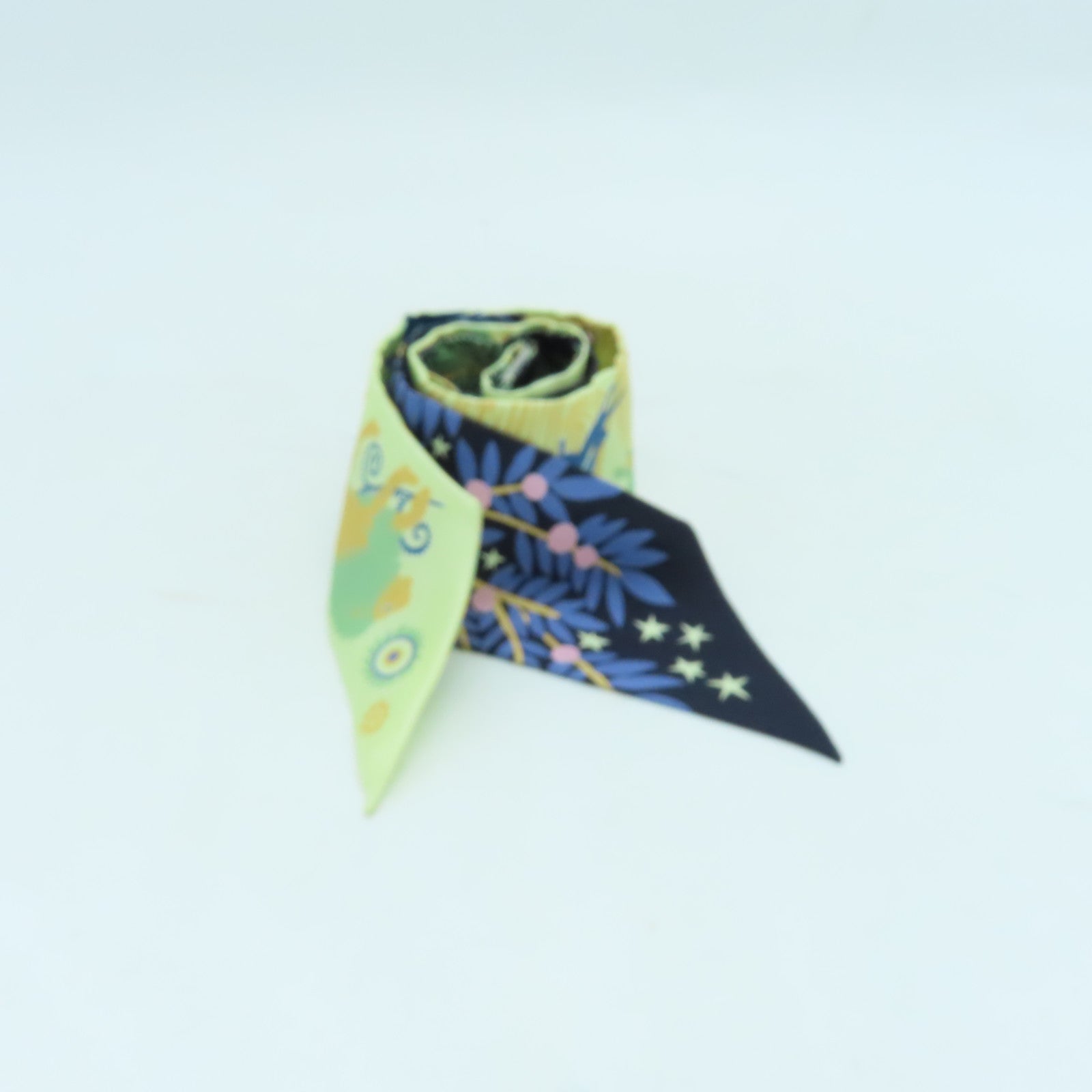 HERMES 絲質Twilly絲巾深藍色/淺綠色/彩色