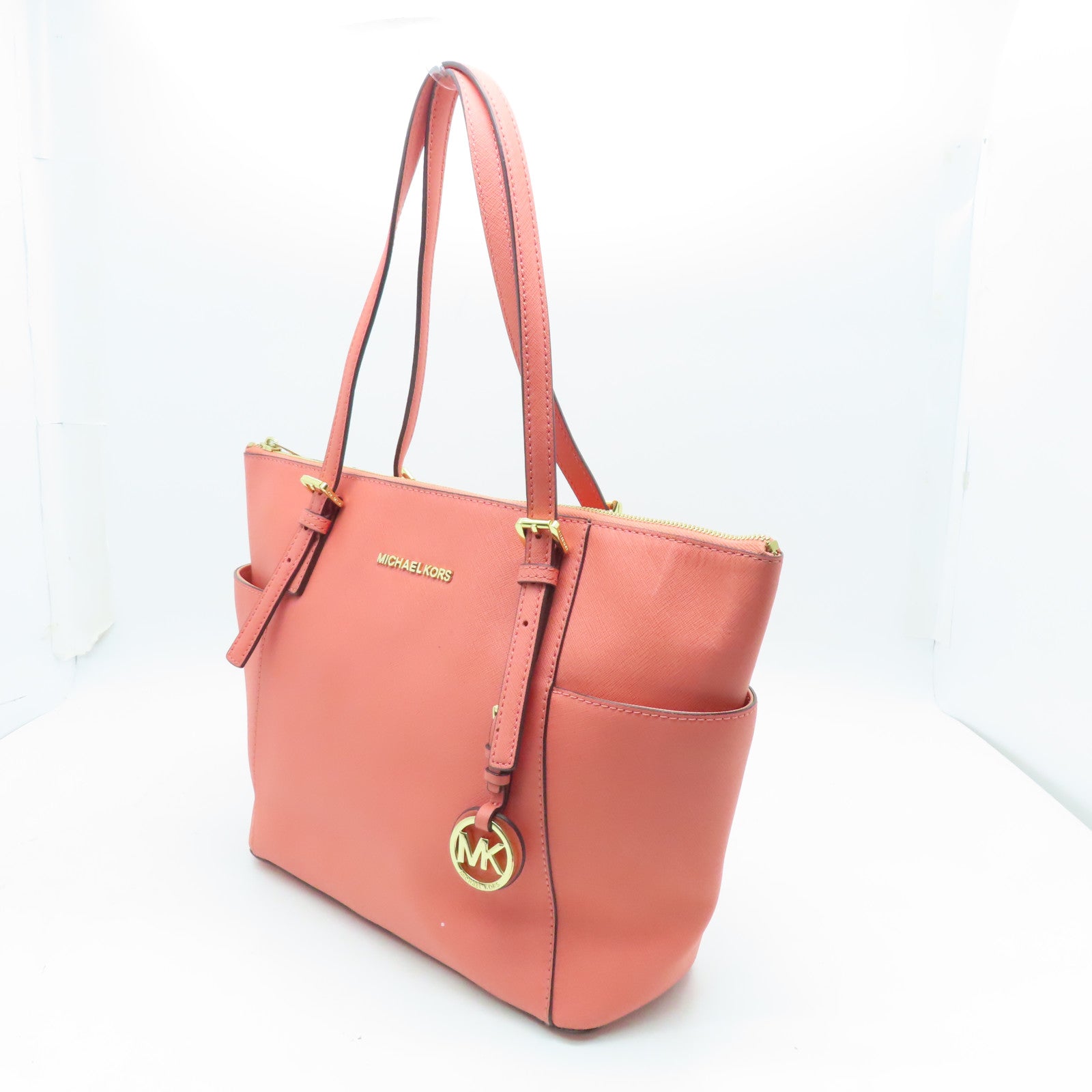 Michael Kors cowhide leather Tote Bag gold buckle handle bag orange pink