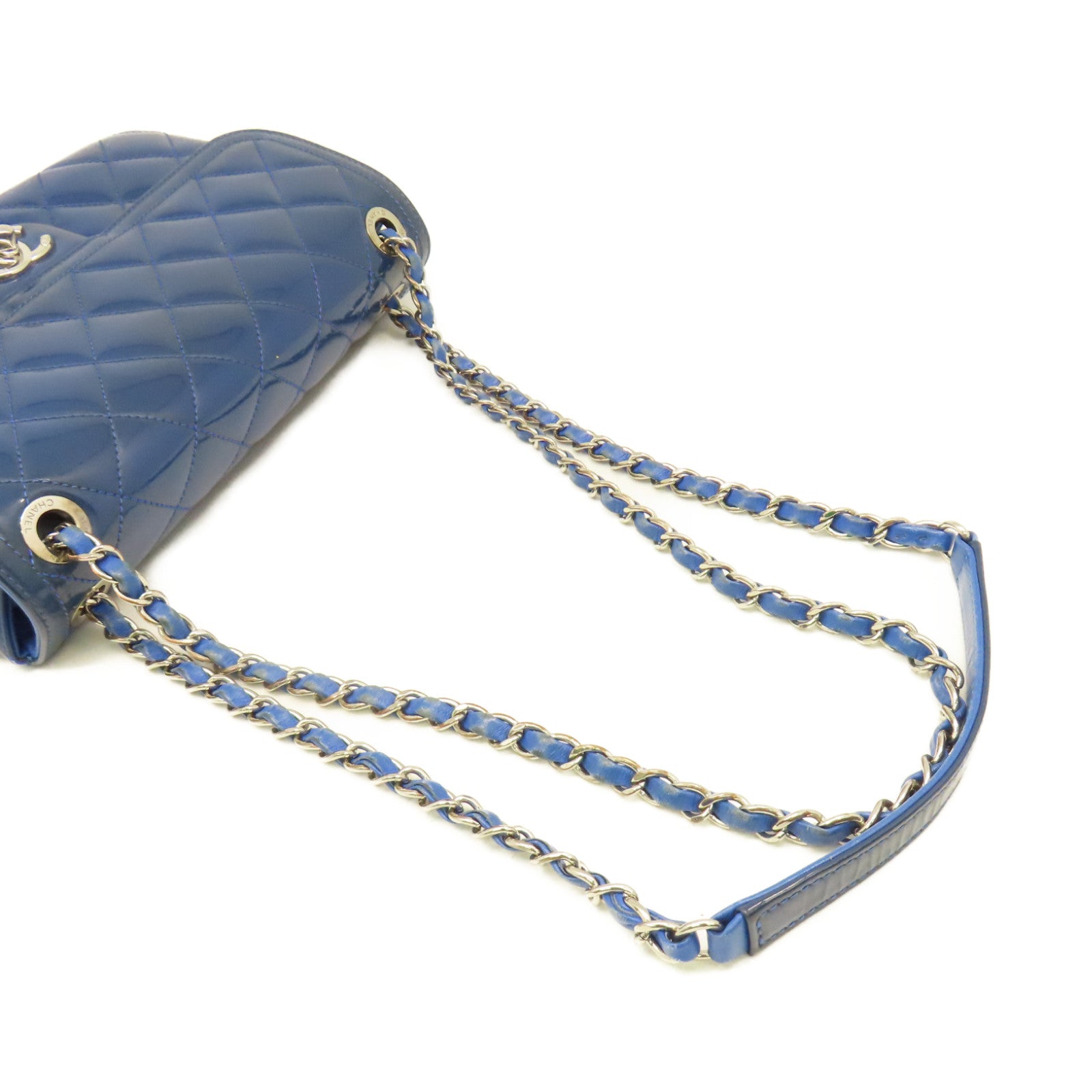 CHANEL 菱格漆皮皮革Chain Shoulder Bag銀扣鏈帶肩背袋藍色