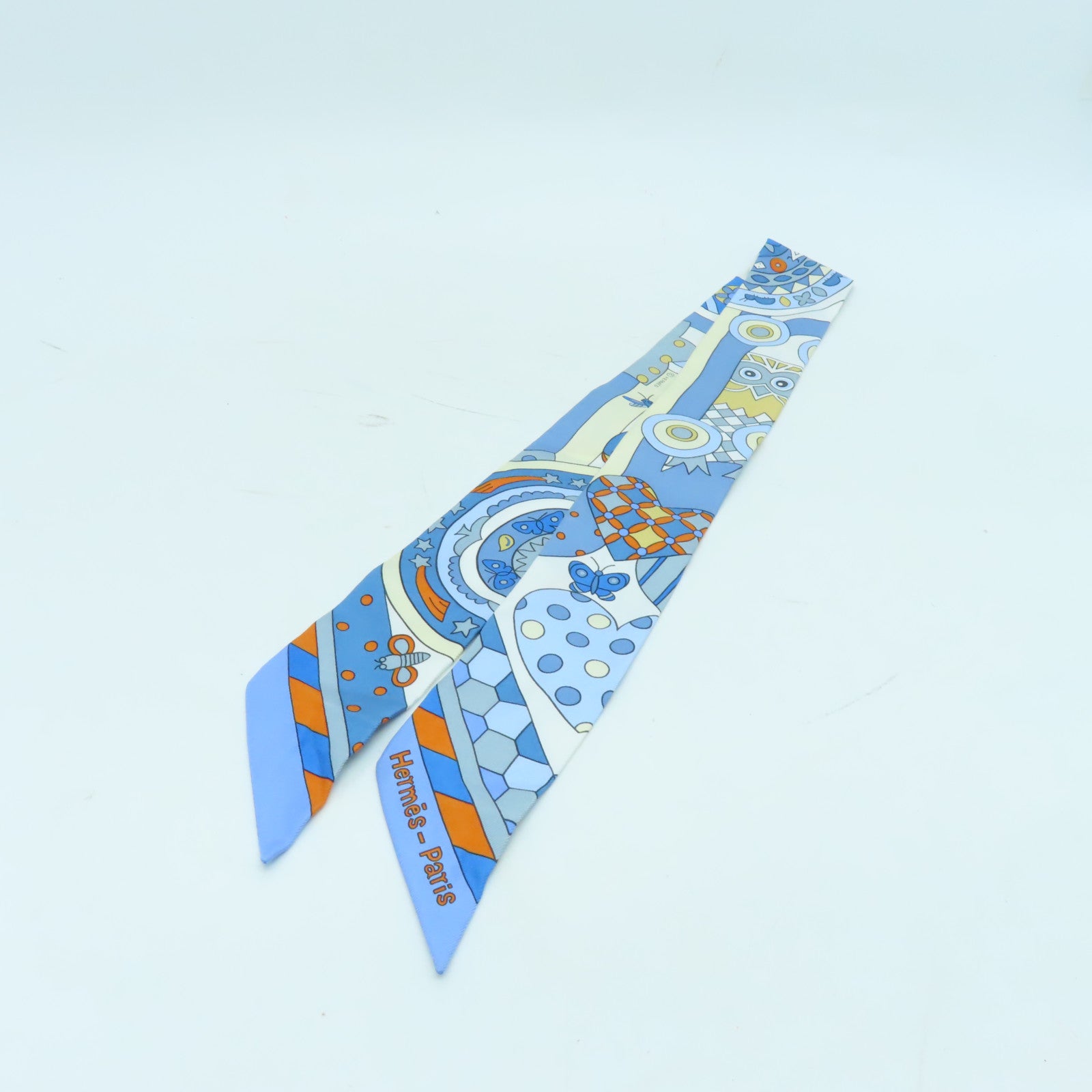 HERMES 絲質Twilly絲巾淺藍色/彩色