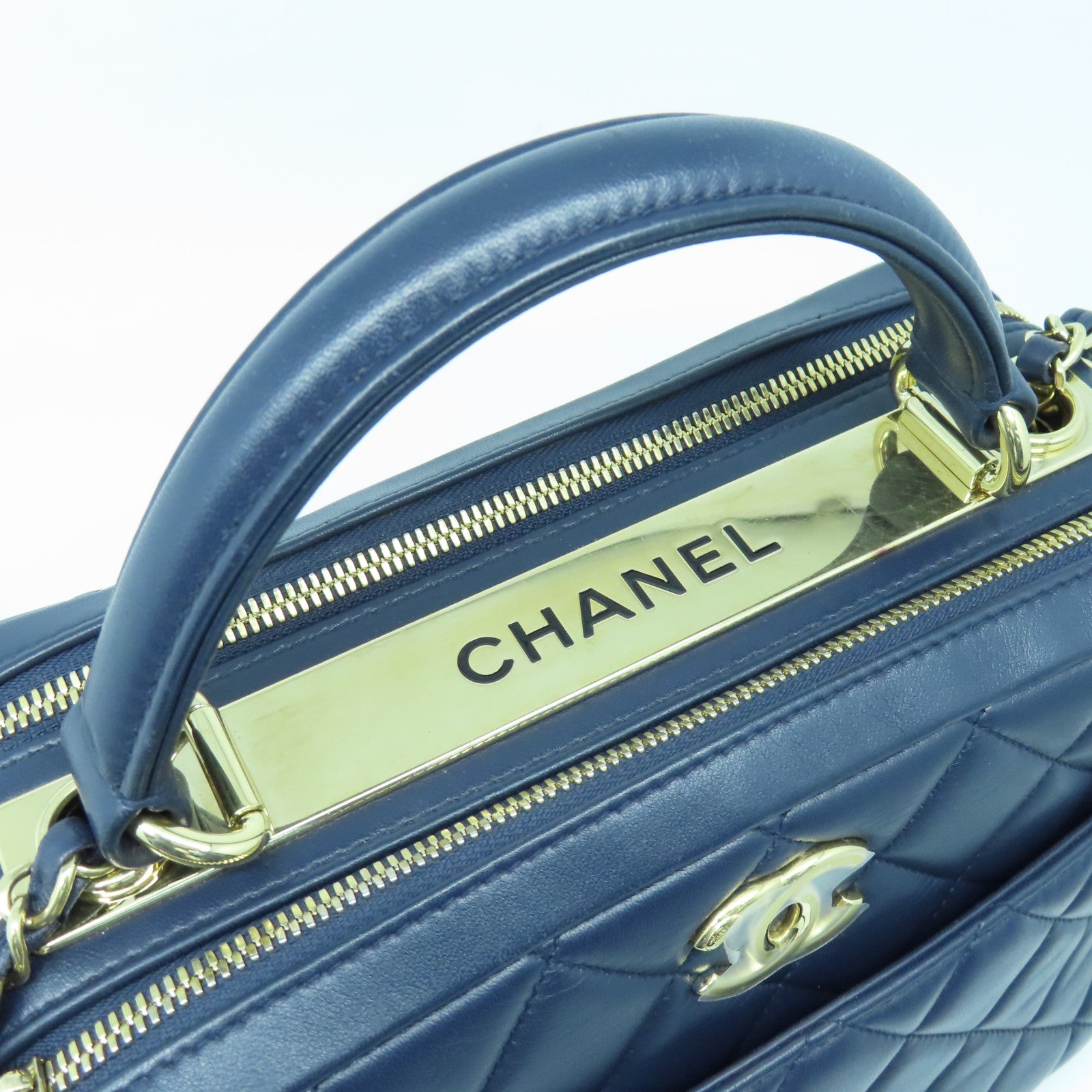 CHANEL 菱格羊皮皮革2way Shoulder Bag金扣手挽肩背兩用袋深藍色