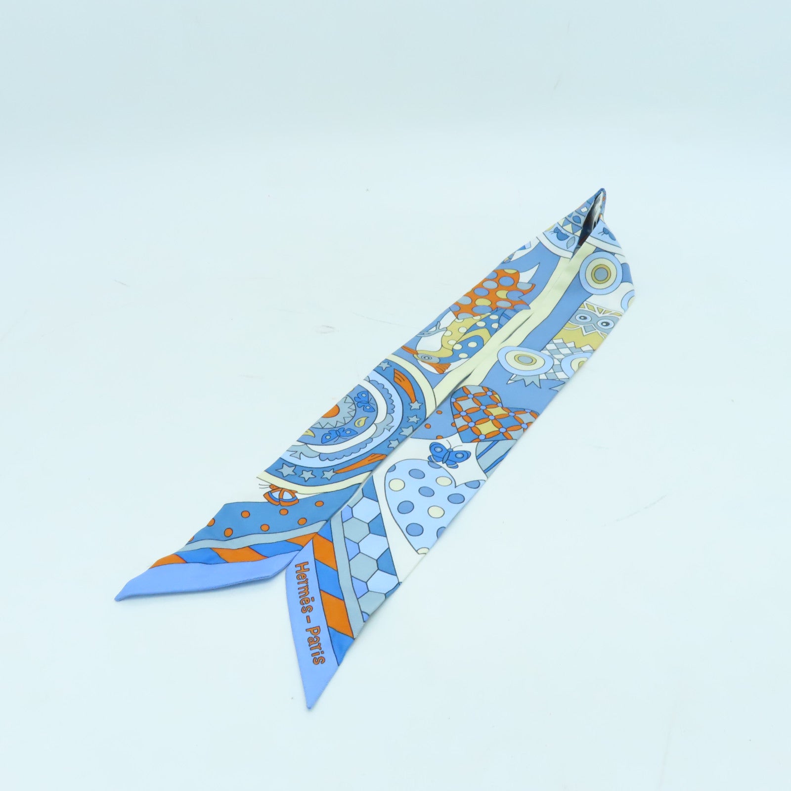 HERMES 絲質Twilly絲巾淺藍色/彩色