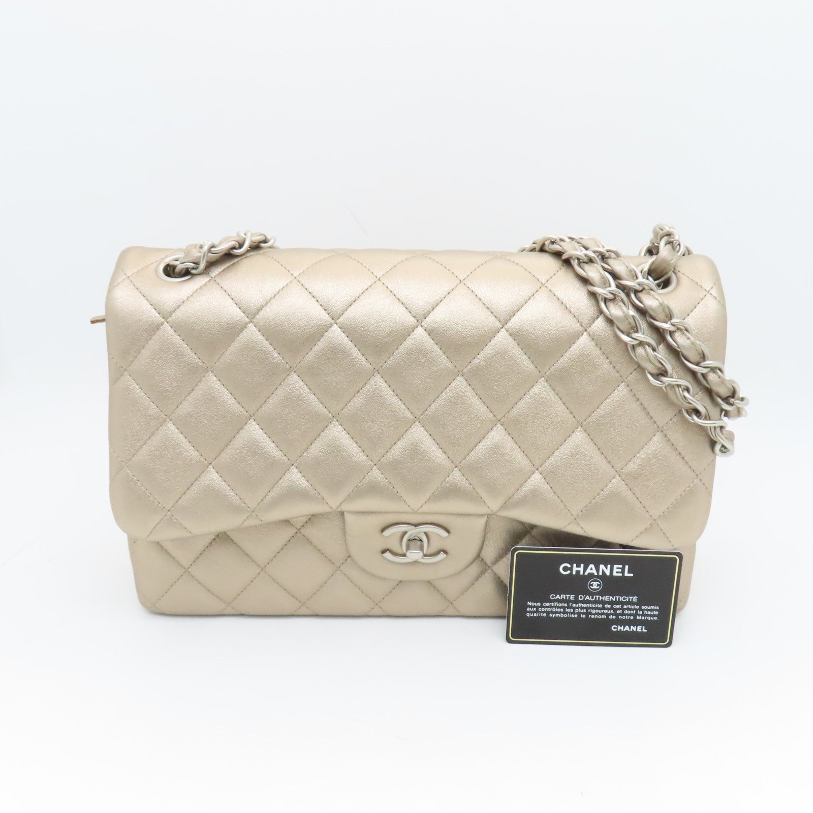 CHANEL 【激減優惠】菱格牛皮皮革Chain Shoulder Bag銀扣鏈帶肩背袋香檳色