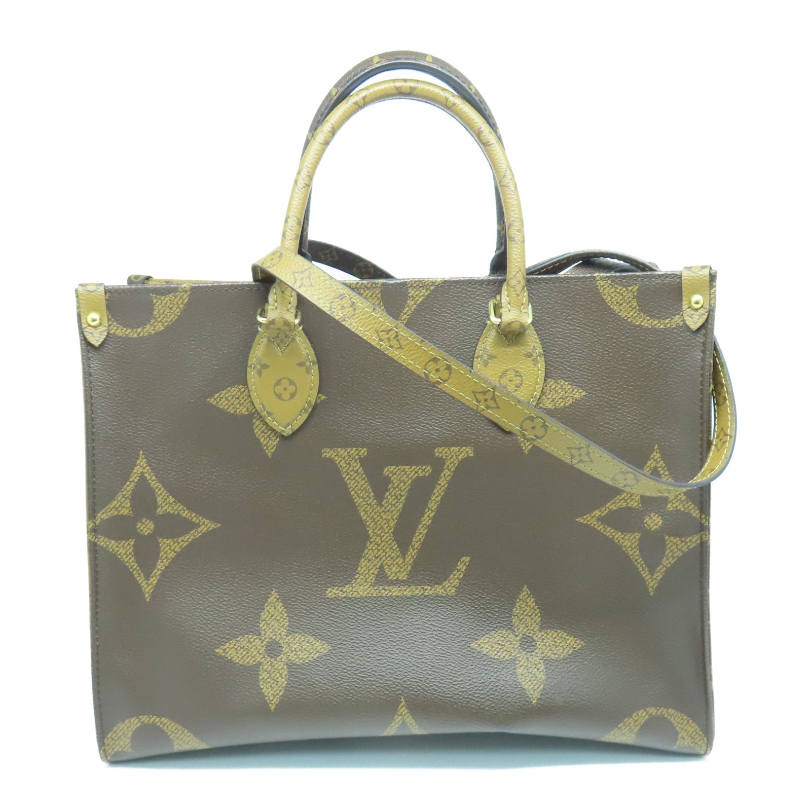 LOUIS VUITTON Monogram On The Go MM gold buckle handle shoulder bag brown