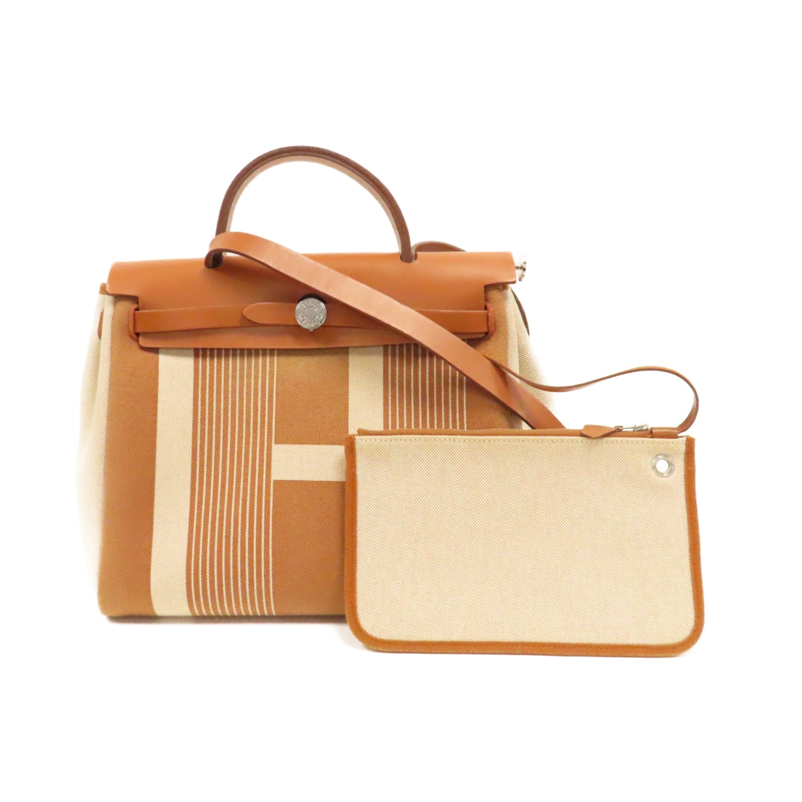 HERMES 帆布Herbag PM銀扣手挽肩背兩用袋Gold經典駝色/米色
