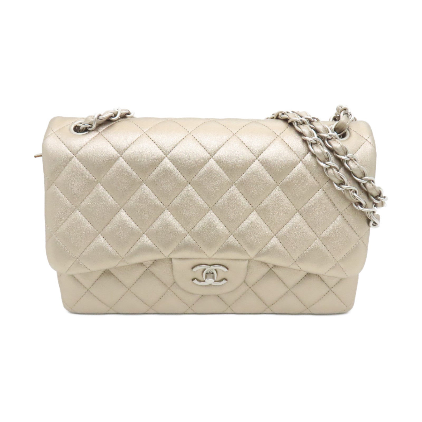 CHANEL 【激減優惠】菱格牛皮皮革Chain Shoulder Bag銀扣鏈帶肩背袋香檳色