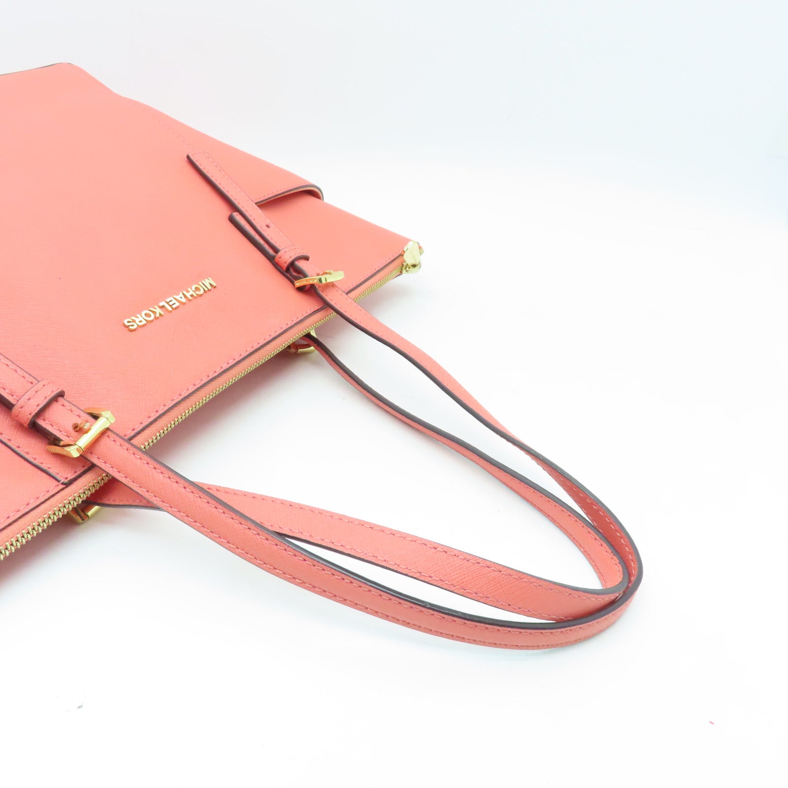 Michael Kors cowhide leather Tote Bag gold buckle handle bag orange pink