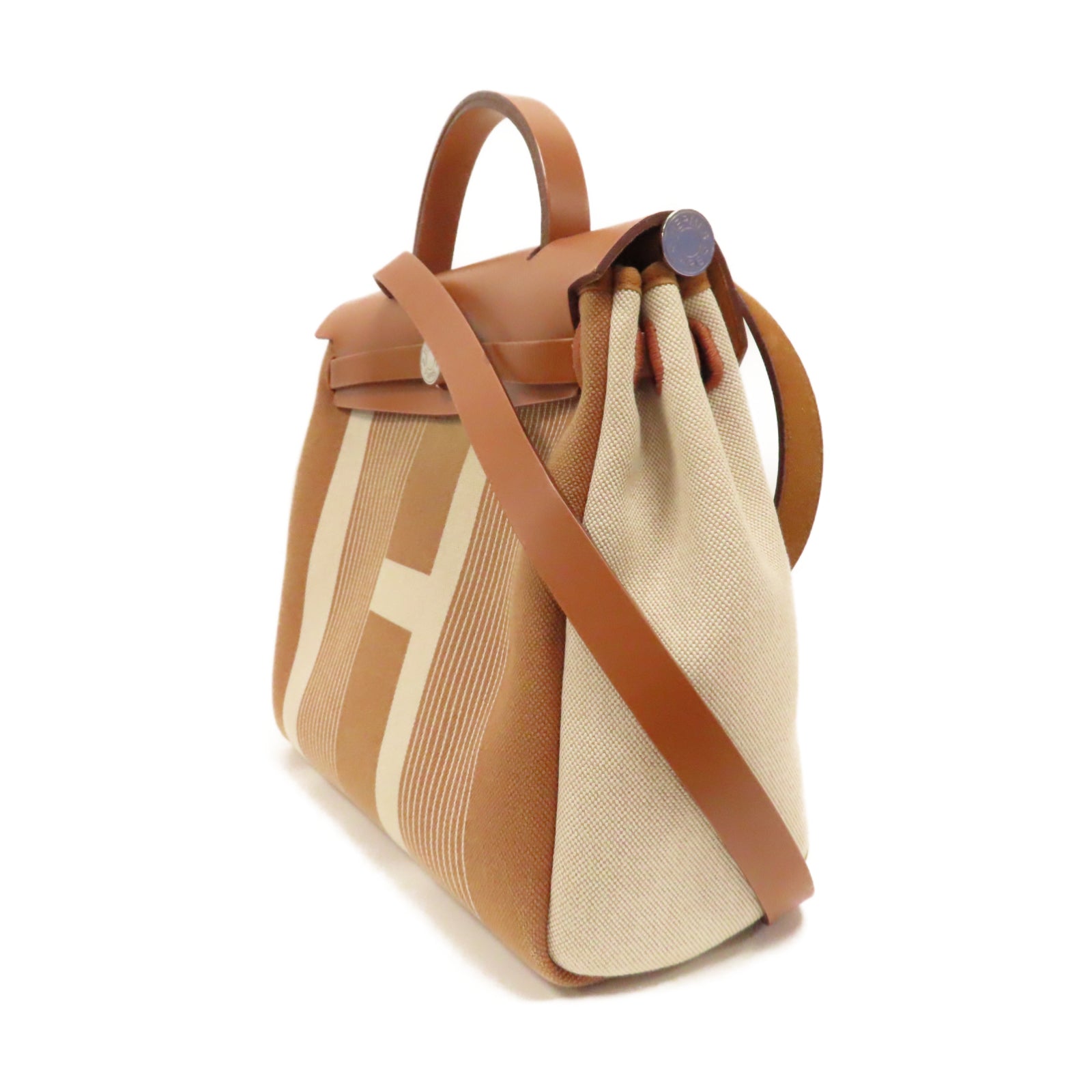 HERMES 帆布Herbag PM銀扣手挽肩背兩用袋Gold經典駝色/米色