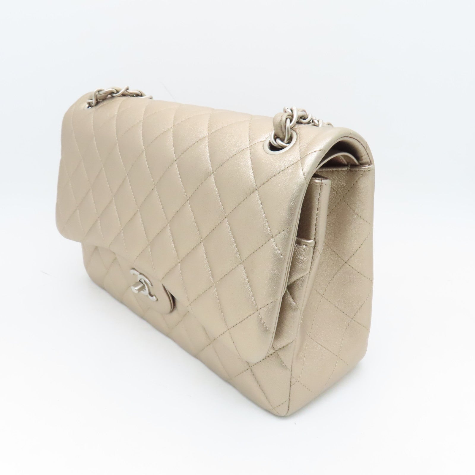 CHANEL 【激減優惠】菱格牛皮皮革Chain Shoulder Bag銀扣鏈帶肩背袋香檳色