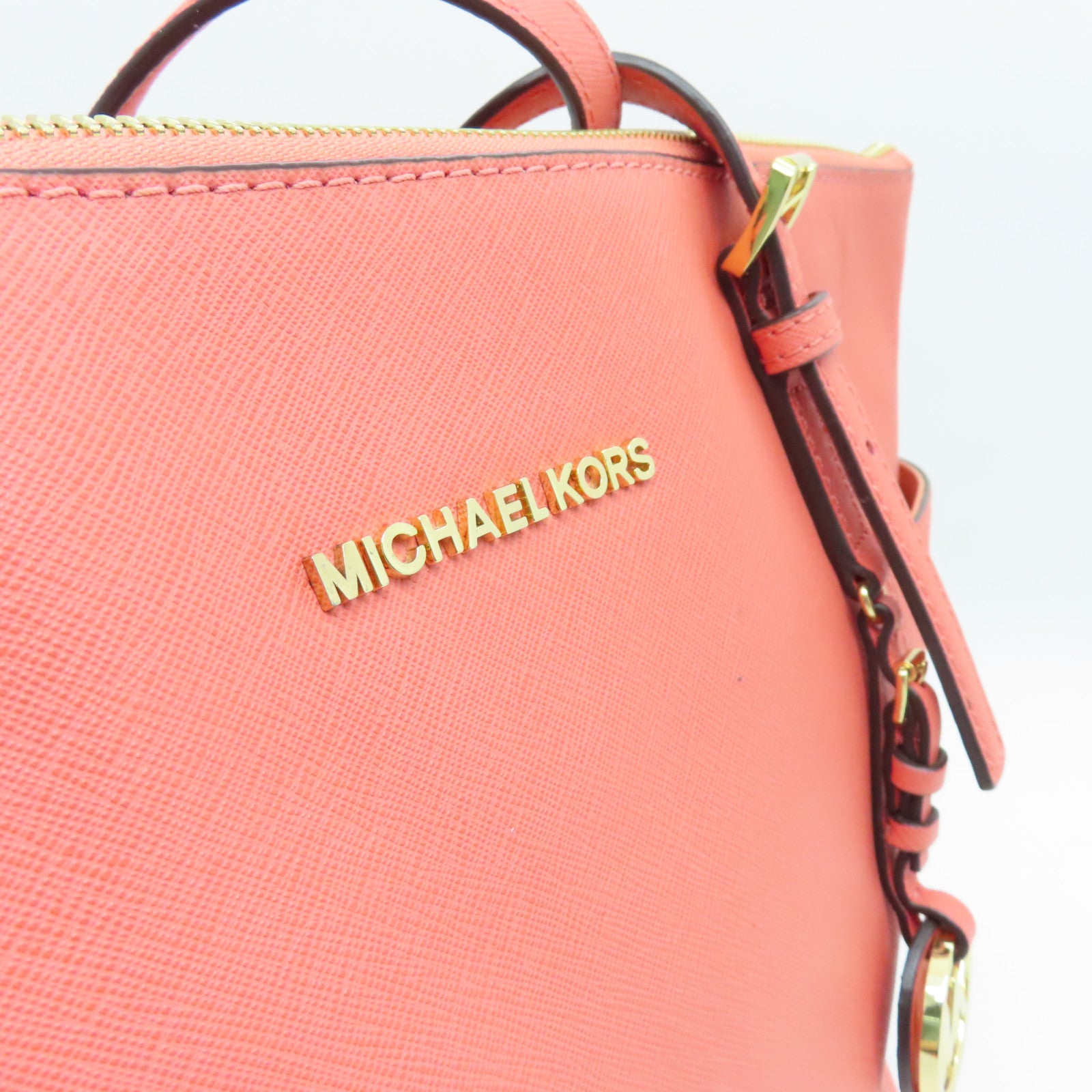 Michael Kors cowhide leather Tote Bag gold buckle handle bag orange pink