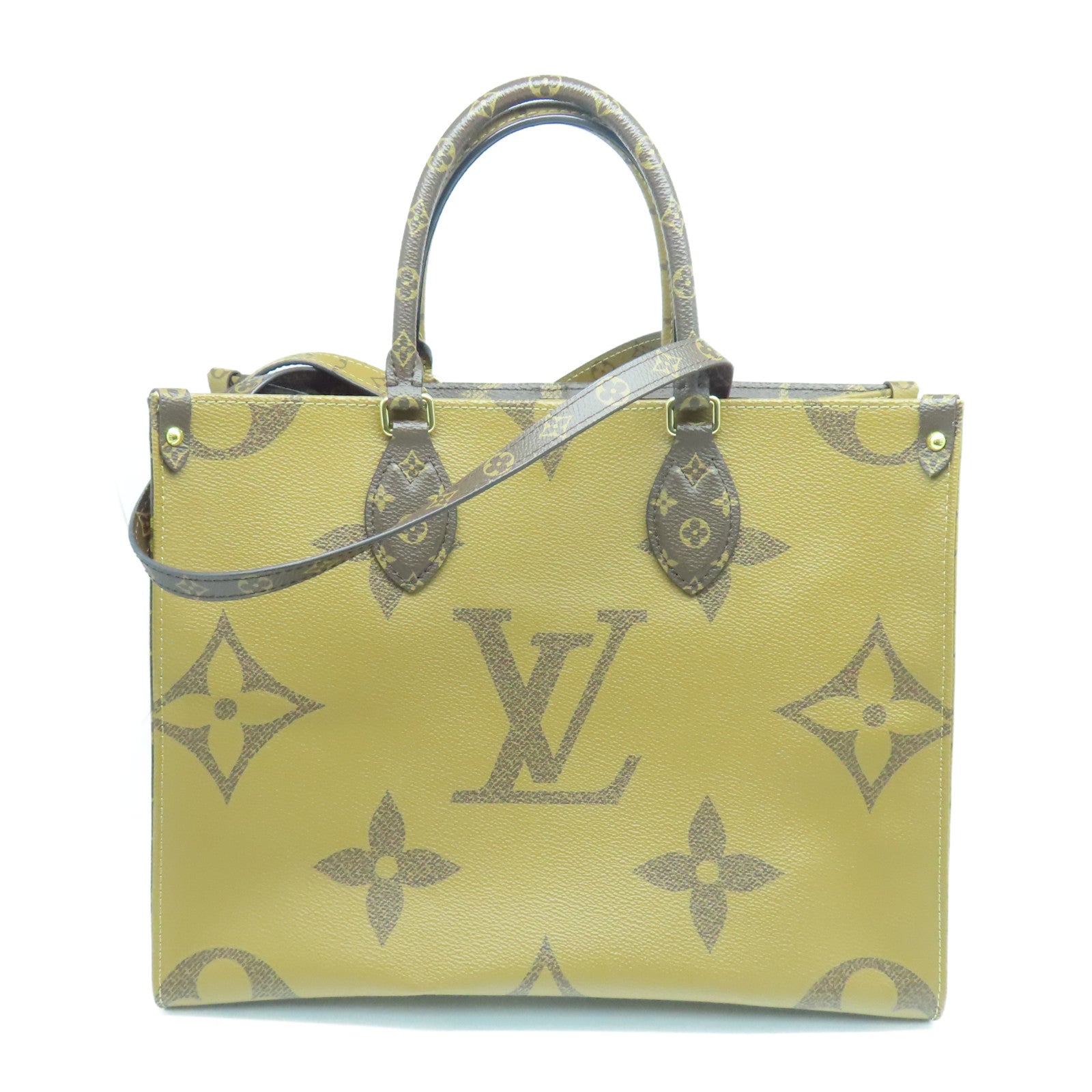 LOUIS VUITTON Monogram On The Go MM gold buckle handle shoulder bag brown