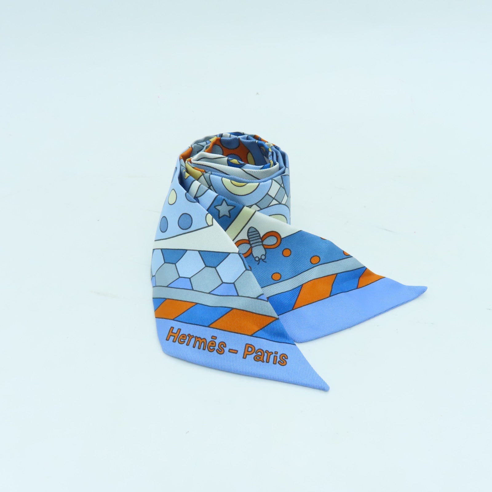 HERMES 絲質Twilly絲巾淺藍色/彩色