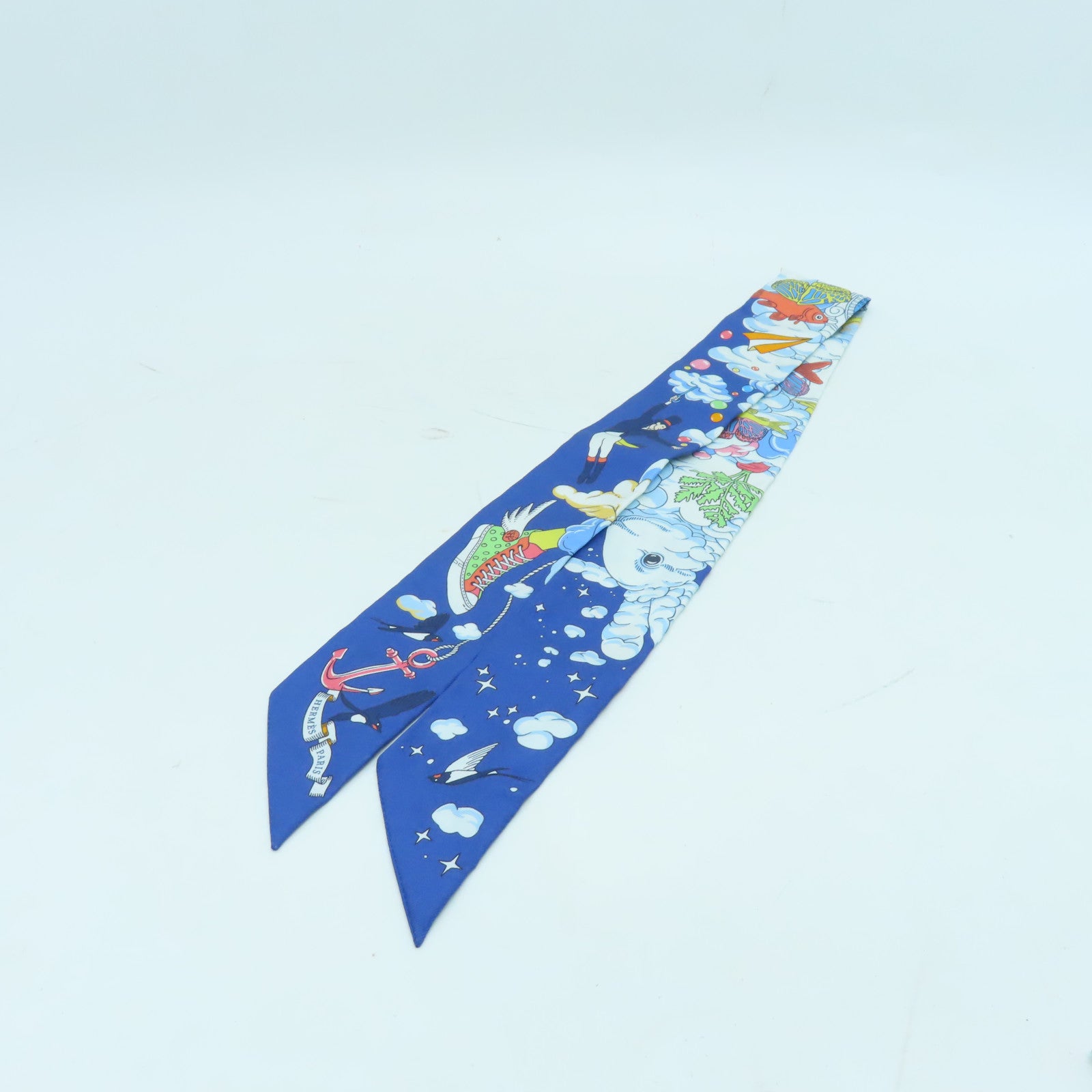 HERMES 絲質Twilly絲巾淺藍色/藍色/彩色