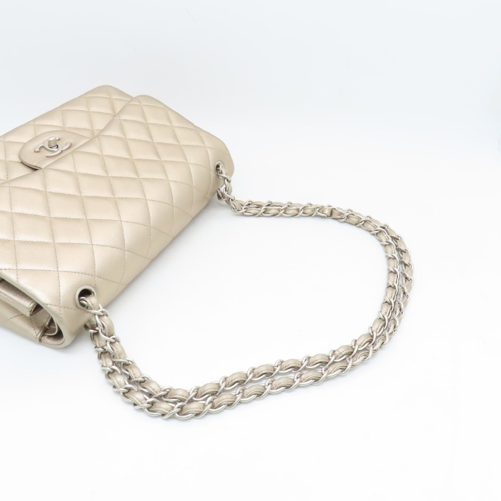 CHANEL 【激減優惠】菱格牛皮皮革Chain Shoulder Bag銀扣鏈帶肩背袋香檳色