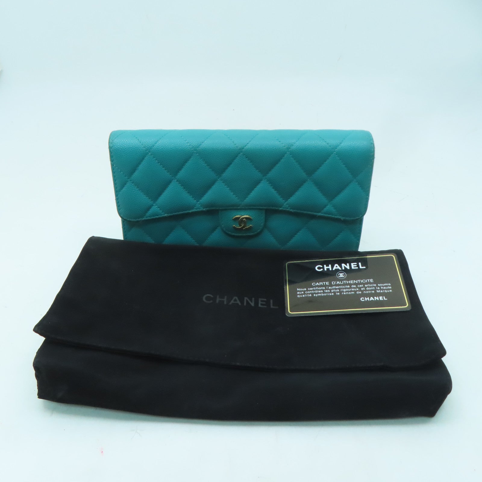 CHANEL 菱格Caviar皮革Long Wallet金扣長錢包綠色