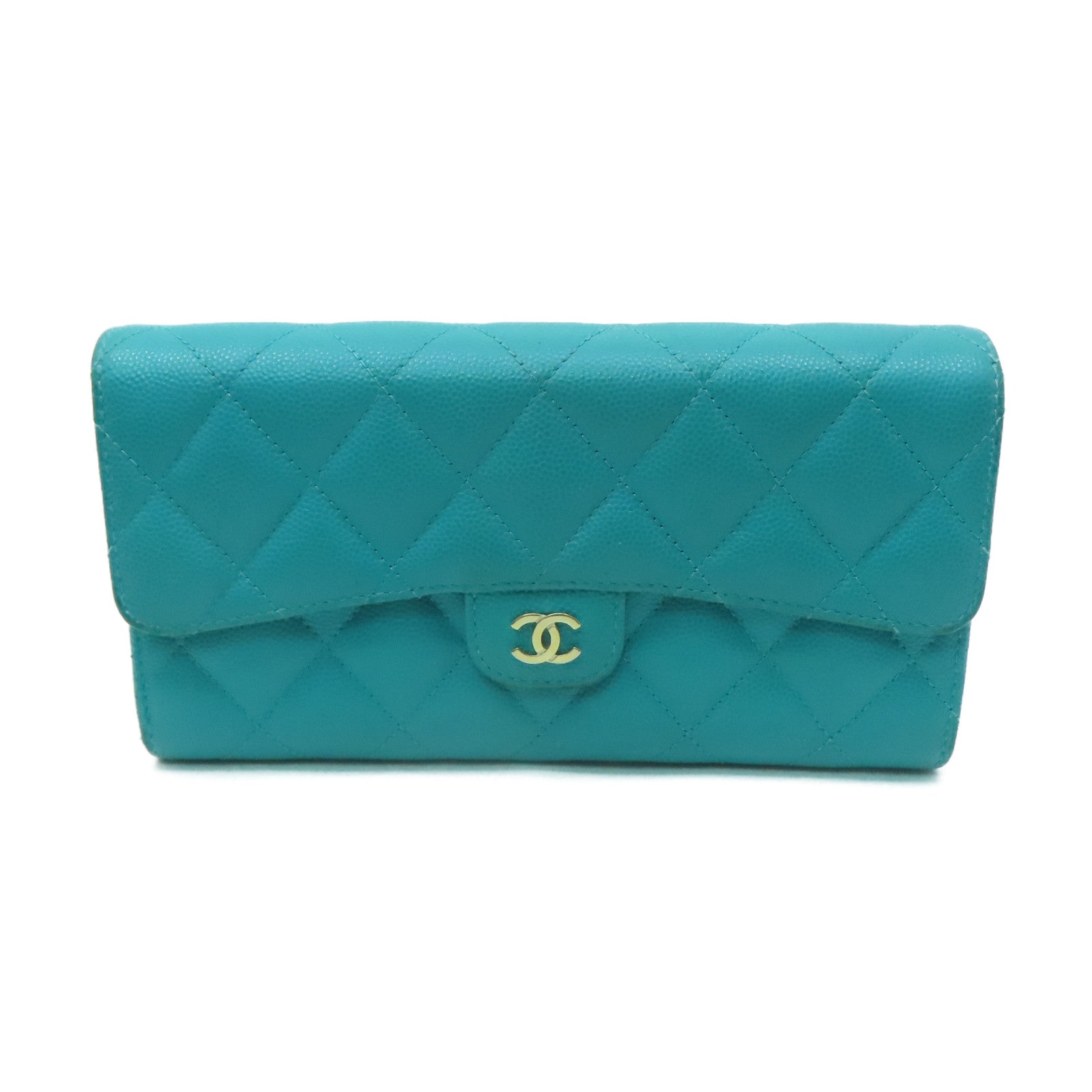 CHANEL 菱格Caviar皮革Long Wallet金扣長錢包綠色