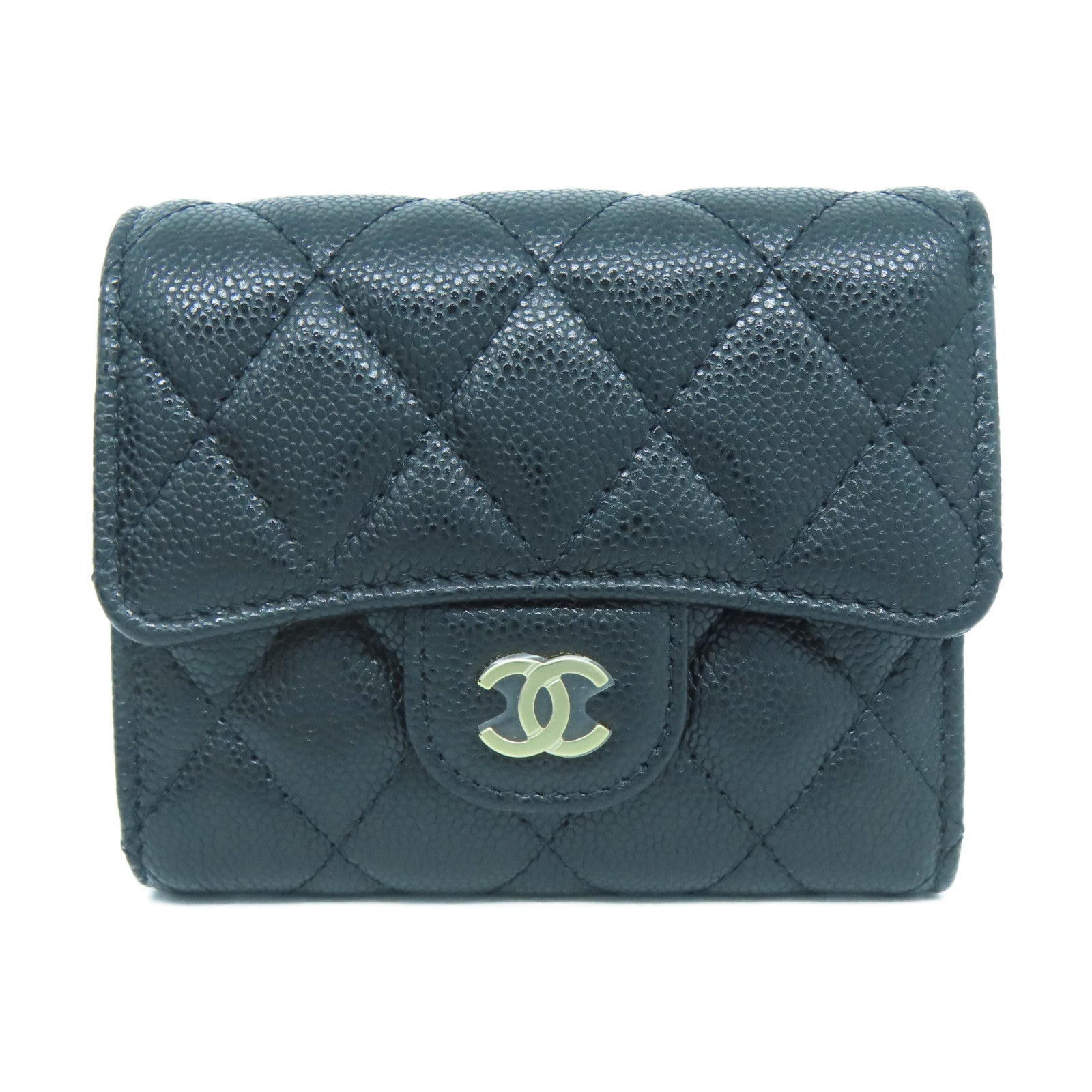 CHANEL 菱格Caviar皮革Wallet銀扣錢包黑色