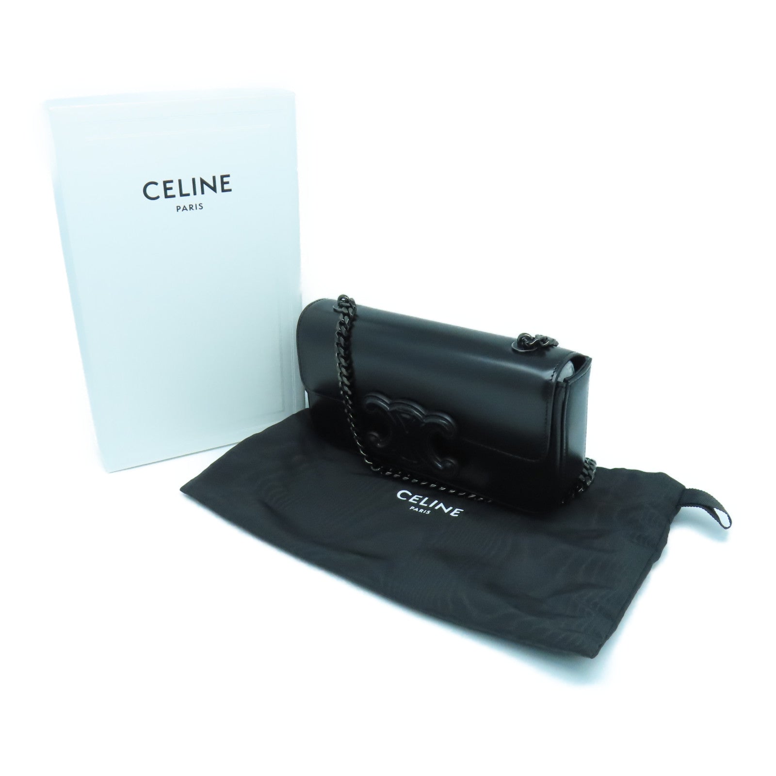 CELINE Calfskin Leather Triomphe Chain Shoulder Bag Black