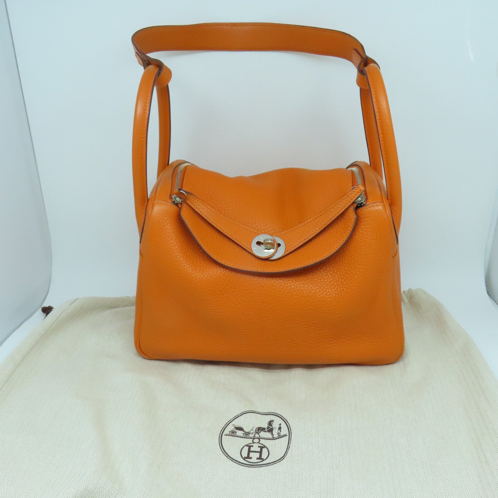 HERMES 【激減優惠】Clemence皮革Lindy 30銀扣手挽肩背兩用袋橙色