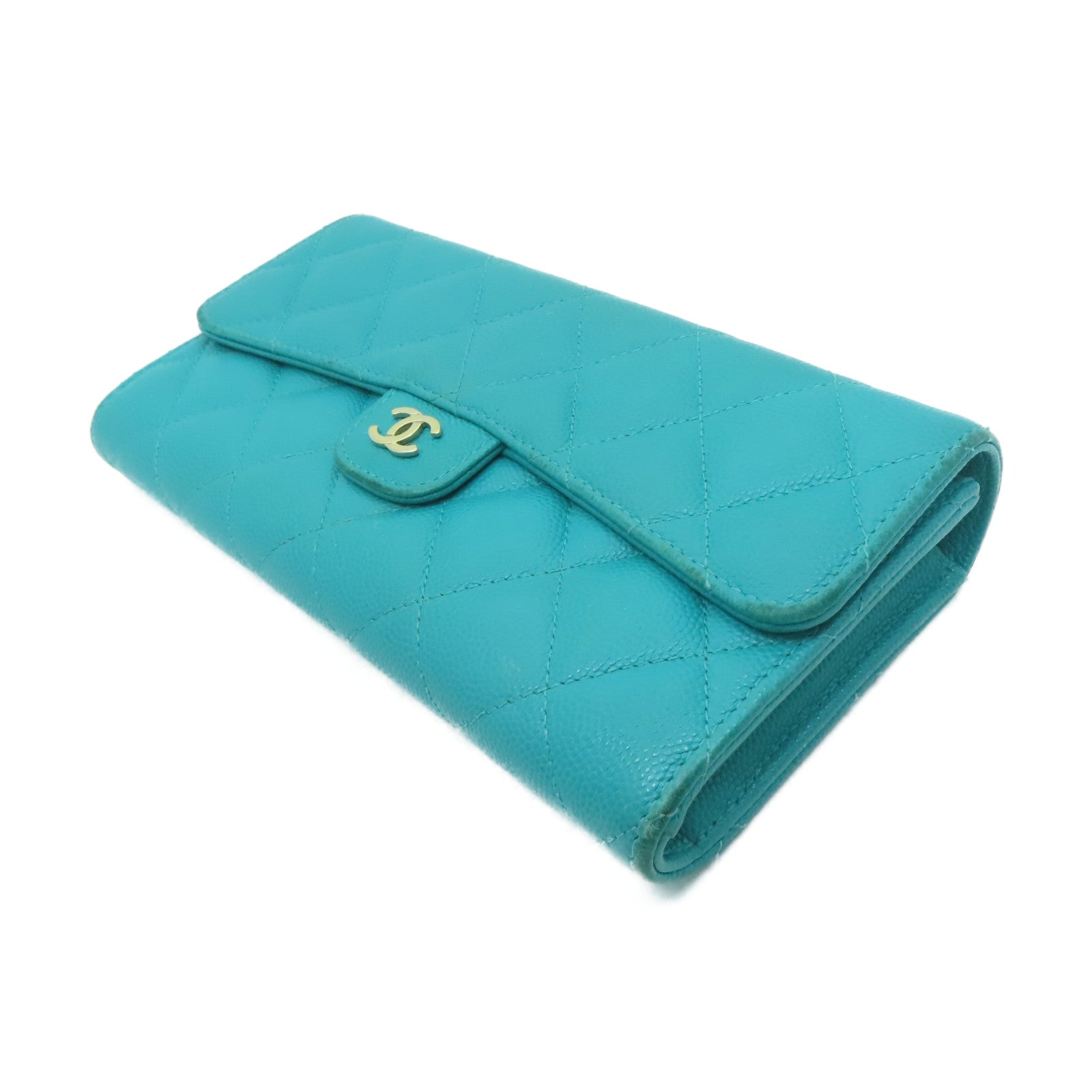 CHANEL 菱格Caviar皮革Long Wallet金扣長錢包綠色
