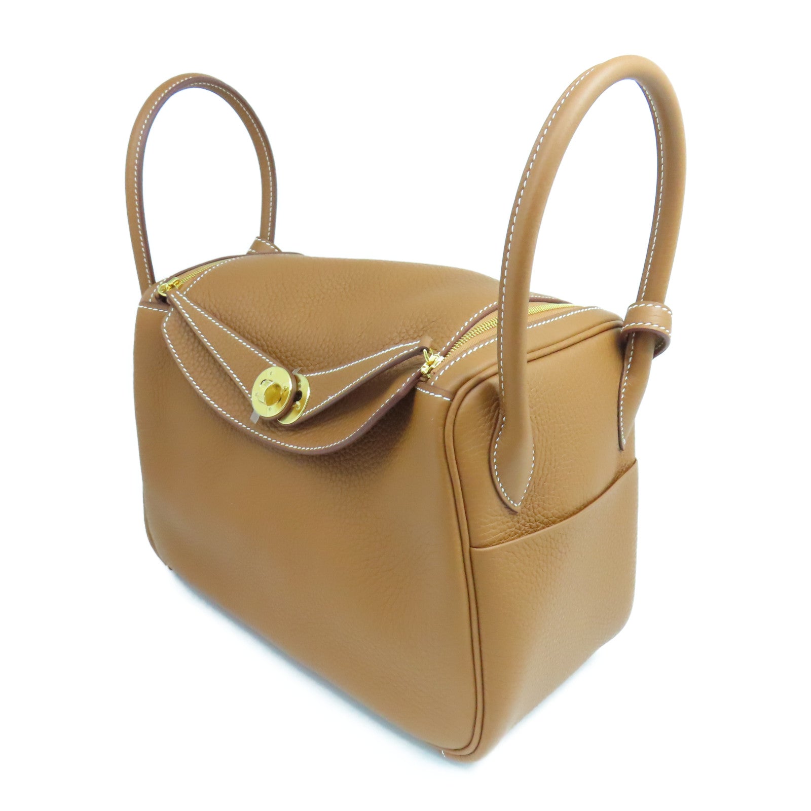HERMES Taurillon Clemence皮革Lindy 26金扣手挽肩背兩用袋棕色