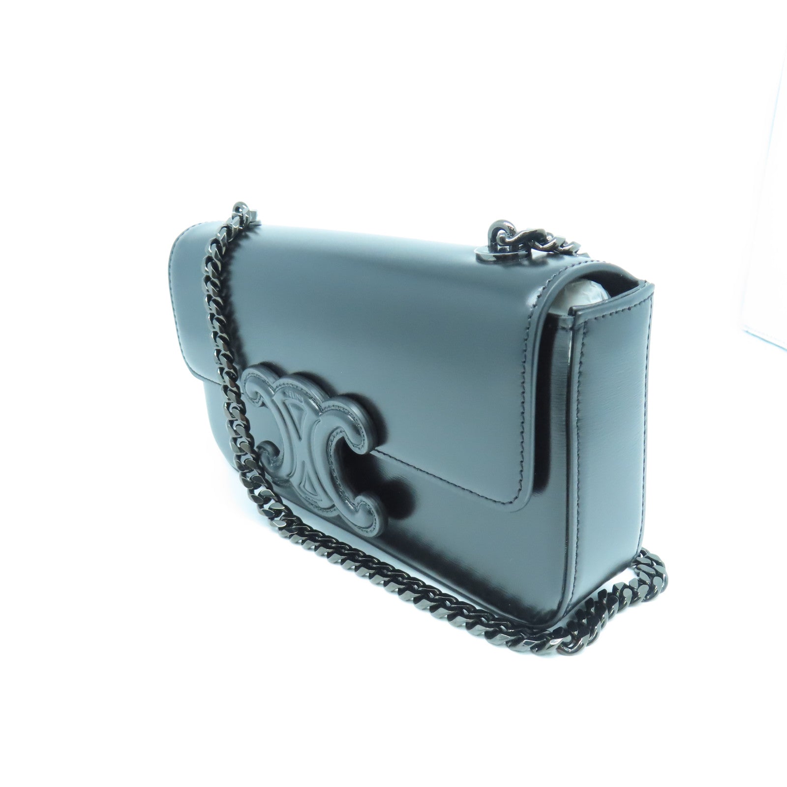 CELINE Calfskin Leather Triomphe Chain Shoulder Bag Black
