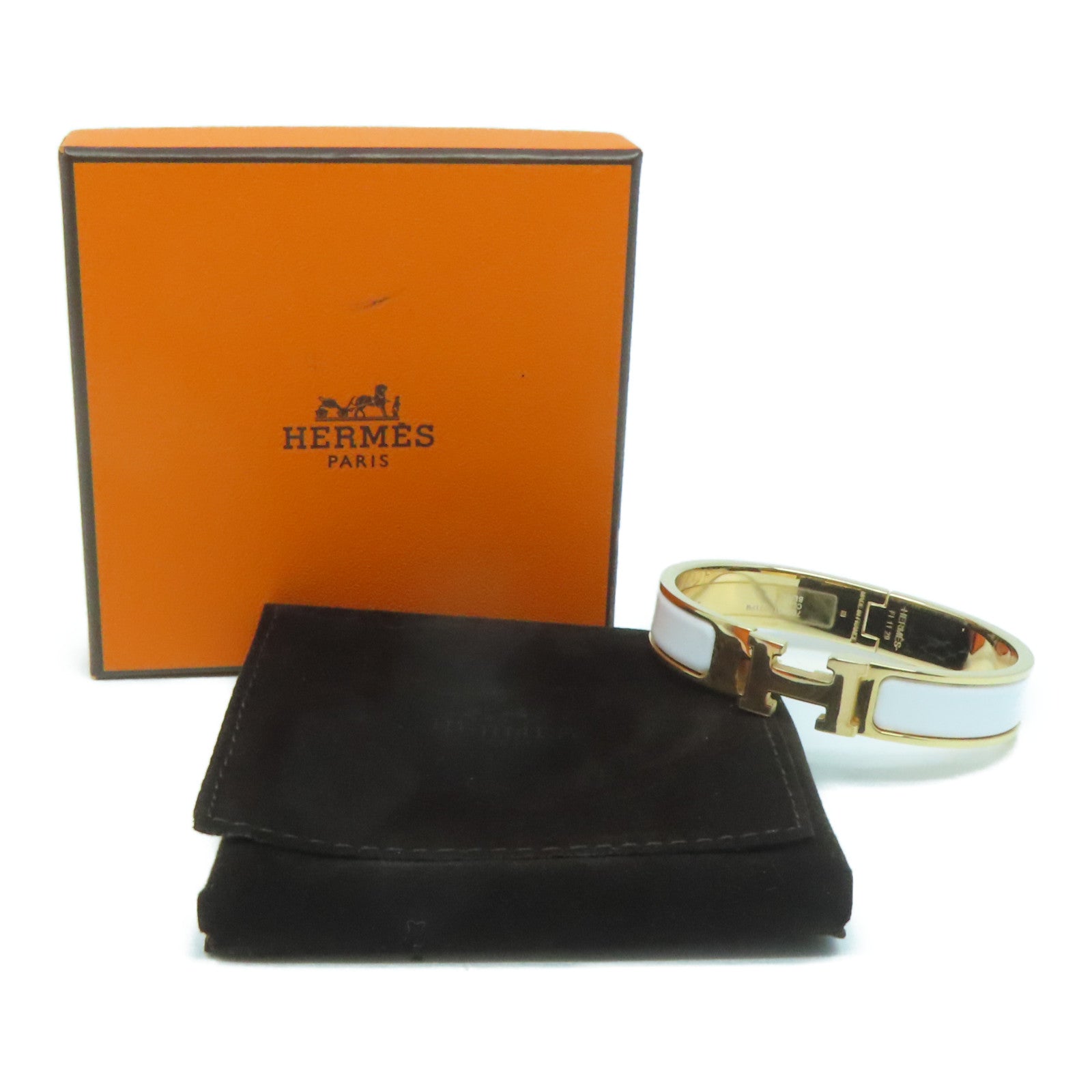 HERMES 琺瑯/金屬Clic-Clac H Bracelet金扣手鐲白色/金色
