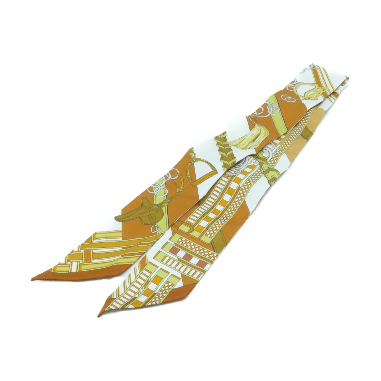 HERMES 絲質Twilly絲巾棕色/白色