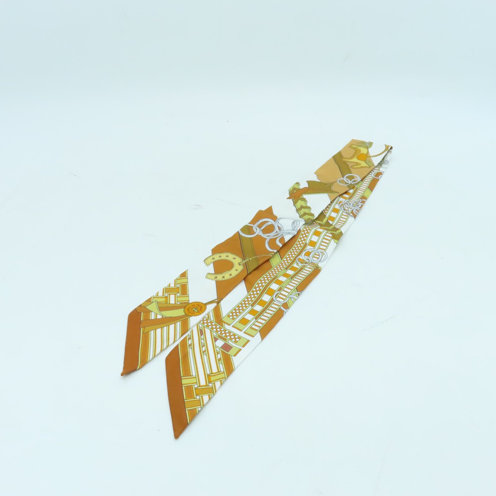 HERMES 絲質Twilly絲巾棕色/白色