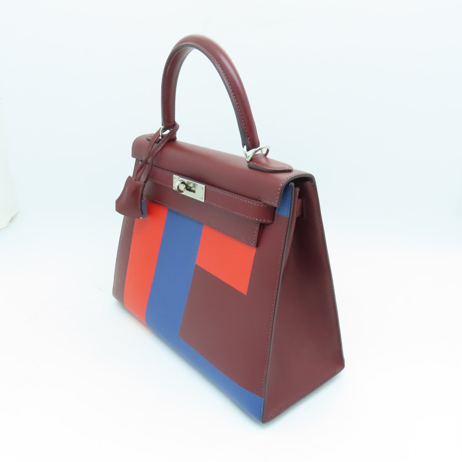 HERMES 【激減優惠】Sombrero皮革Kelly 28銀扣手挽袋酒紅色