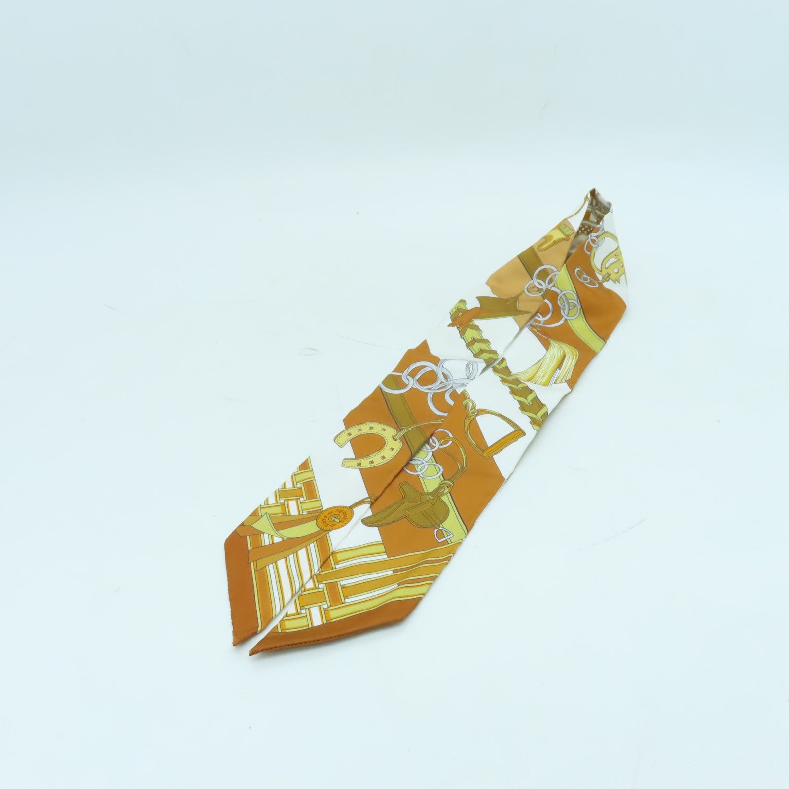 HERMES 絲質Twilly絲巾棕色/白色