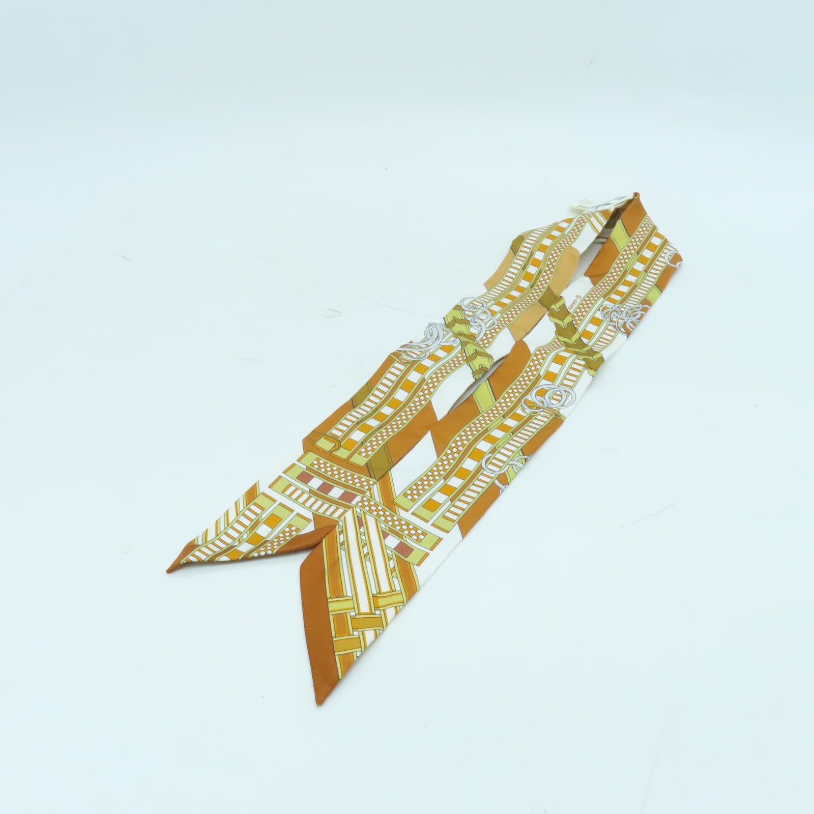 HERMES 絲質Twilly絲巾棕色/白色