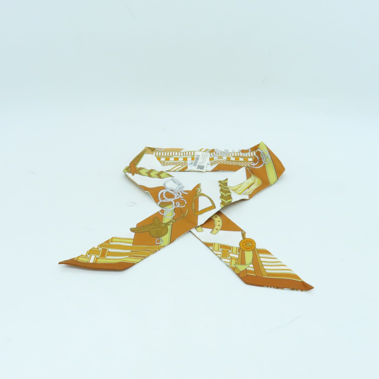HERMES 絲質Twilly絲巾棕色/白色