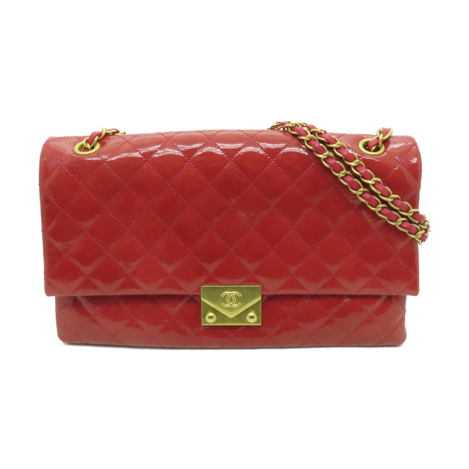 CHANEL 菱格漆皮皮革Chain Shoulder Bag金扣鏈帶肩背袋粉紅色