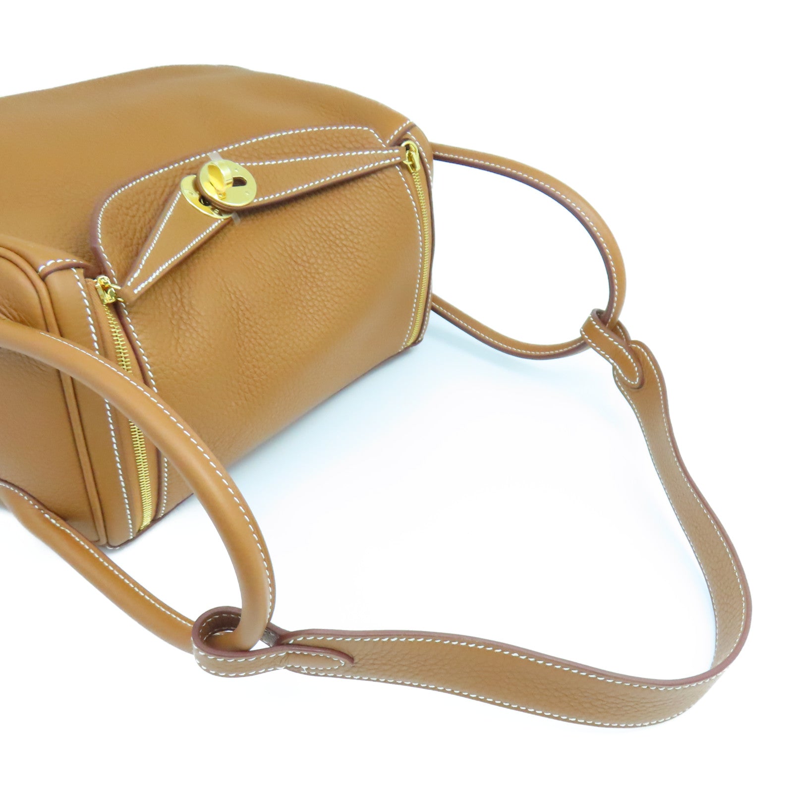 HERMES Taurillon Clemence皮革Lindy 26金扣手挽肩背兩用袋棕色