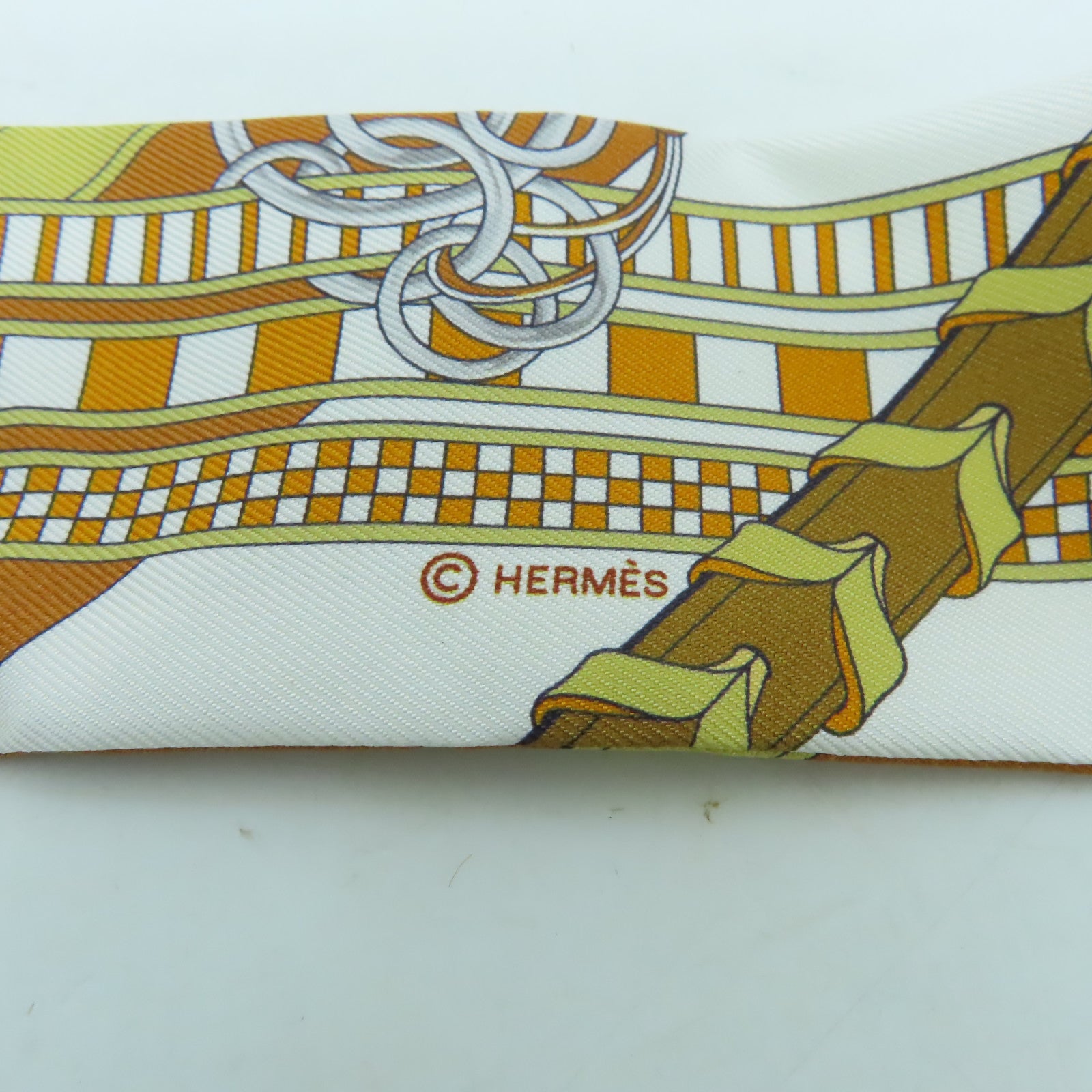 HERMES 絲質Twilly絲巾棕色/白色