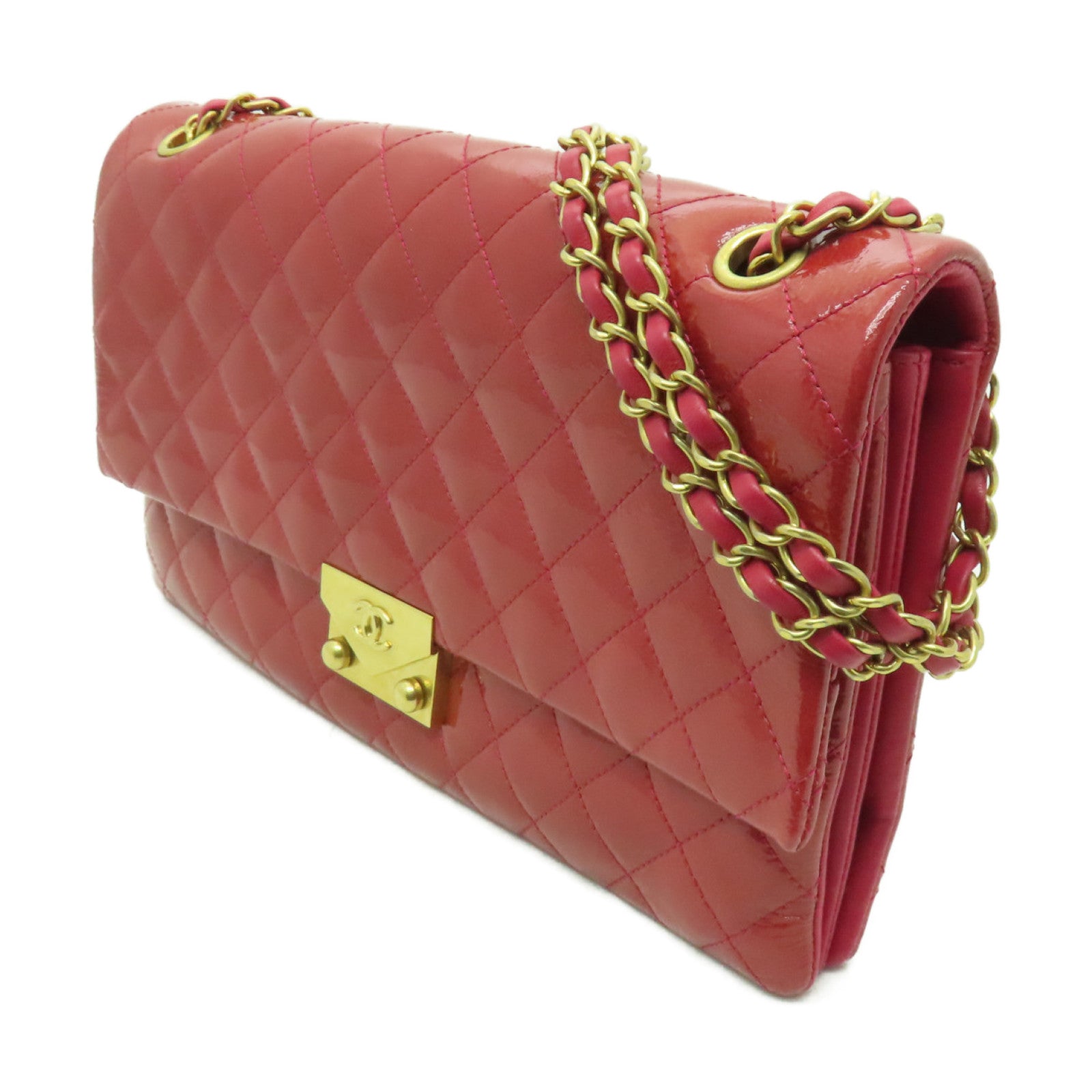 CHANEL 菱格漆皮皮革Chain Shoulder Bag金扣鏈帶肩背袋粉紅色