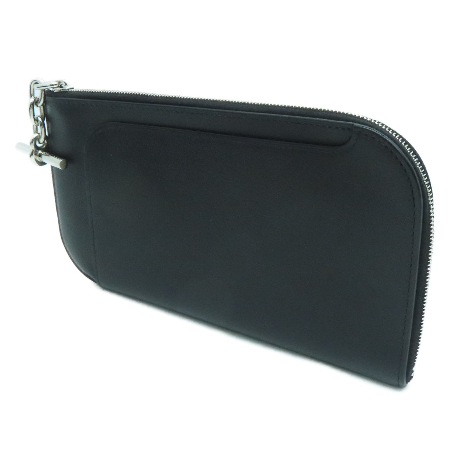 HERMES Allegretto皮革Etui Strap GM銀扣手拿包Noir/黑色