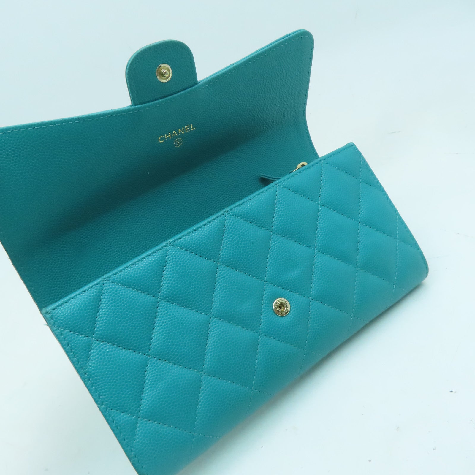 CHANEL 菱格Caviar皮革Long Wallet金扣長錢包綠色
