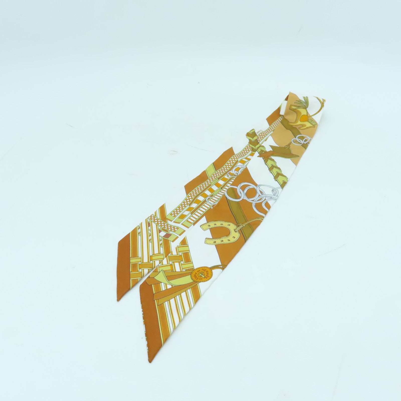 HERMES 絲質Twilly絲巾棕色/白色