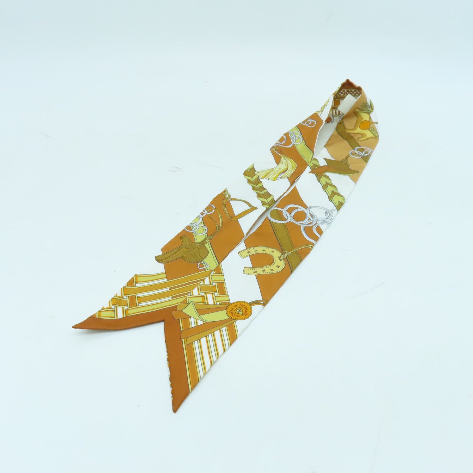 HERMES 絲質Twilly絲巾棕色/白色