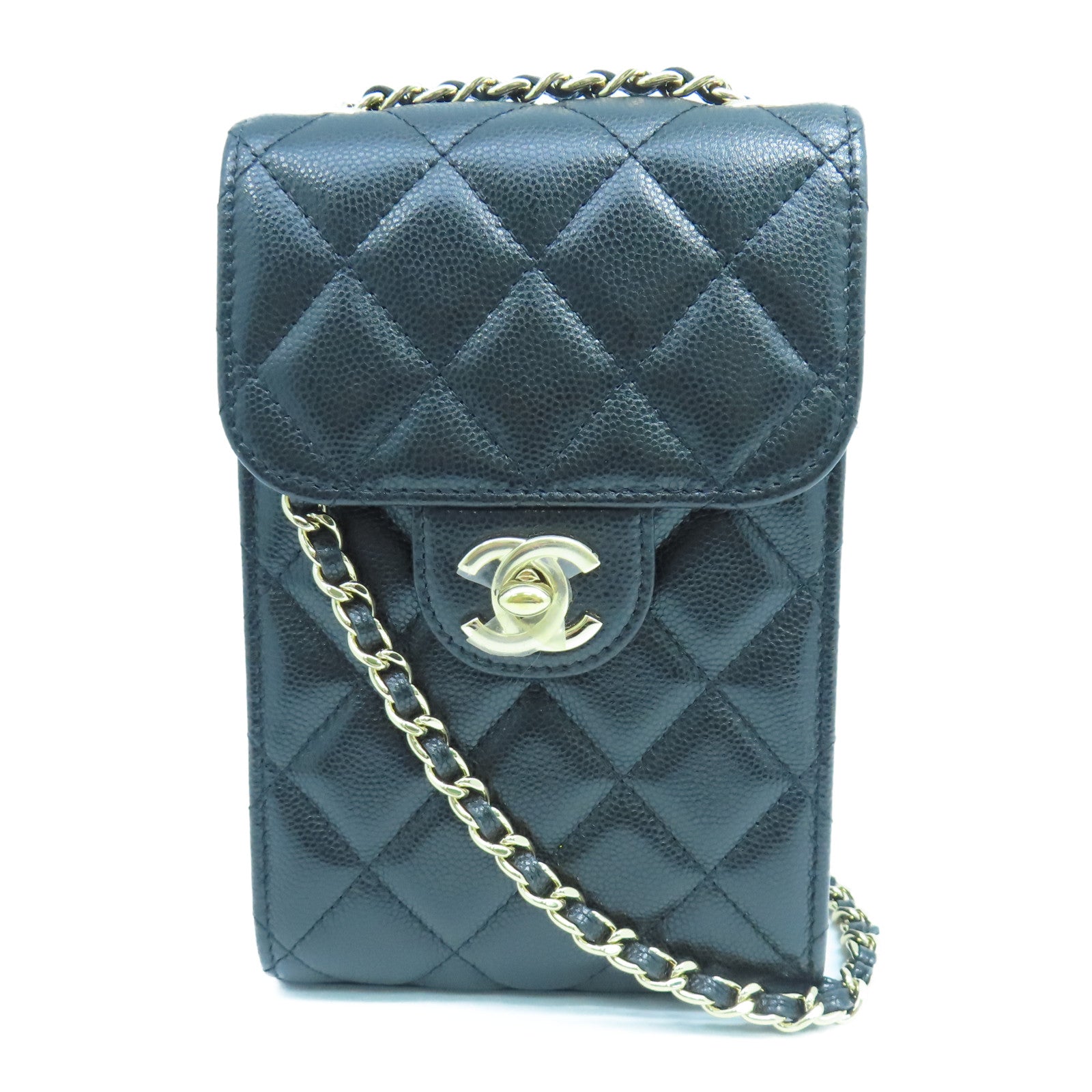 CHANEL 菱格Caviar皮革Shoulder Bag金扣鏈帶肩背袋黑色