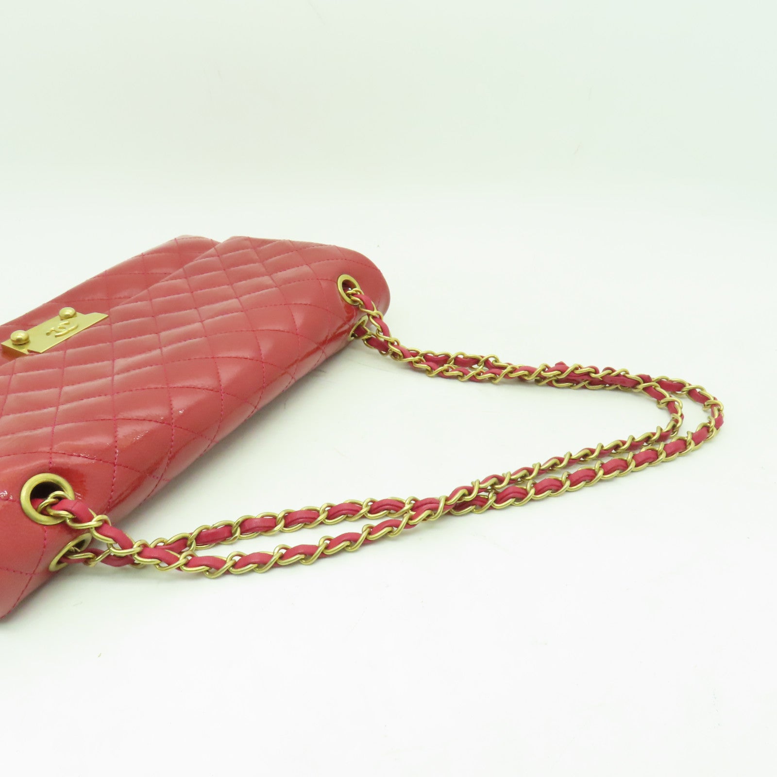 CHANEL 菱格漆皮皮革Chain Shoulder Bag金扣鏈帶肩背袋粉紅色