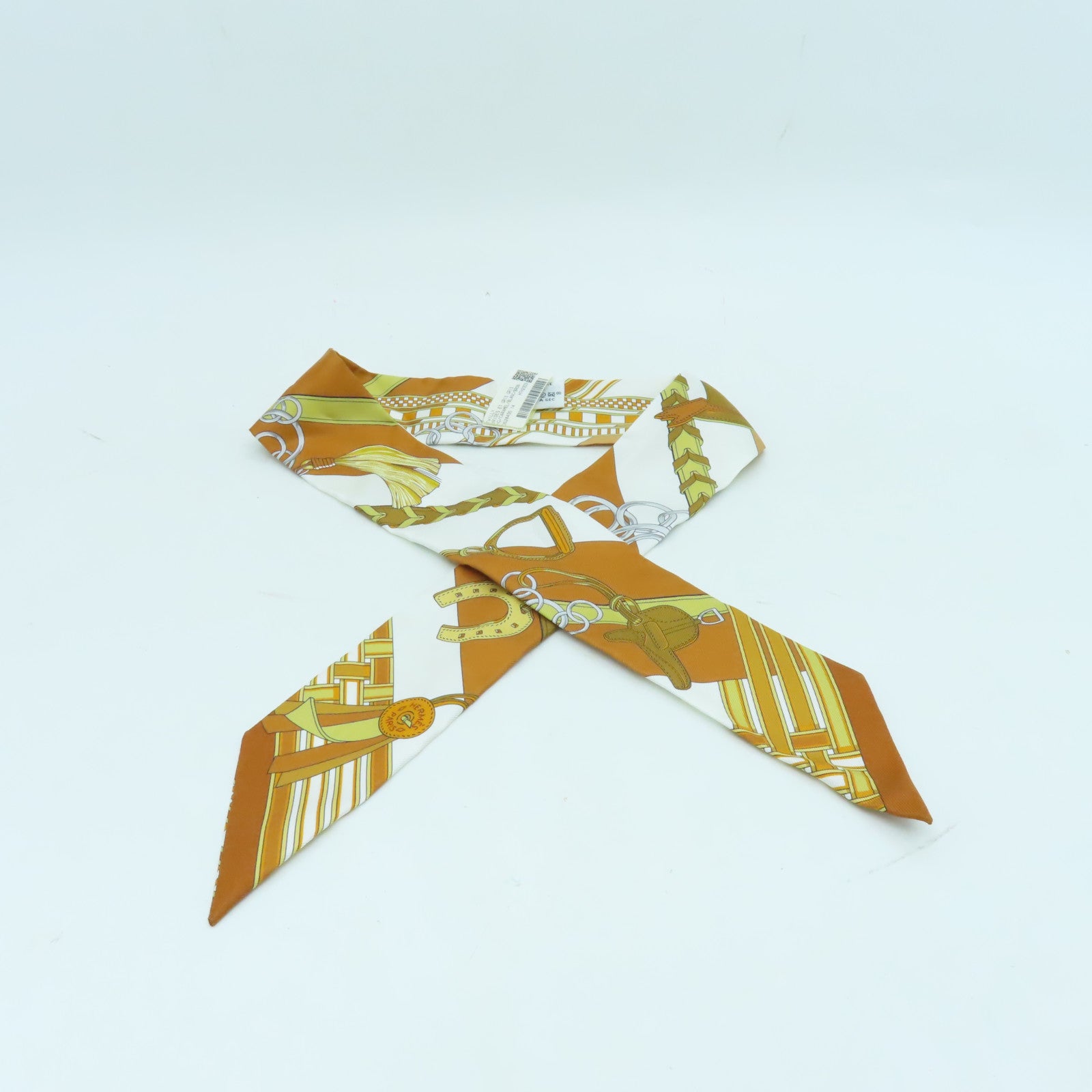 HERMES 絲質Twilly絲巾棕色/白色