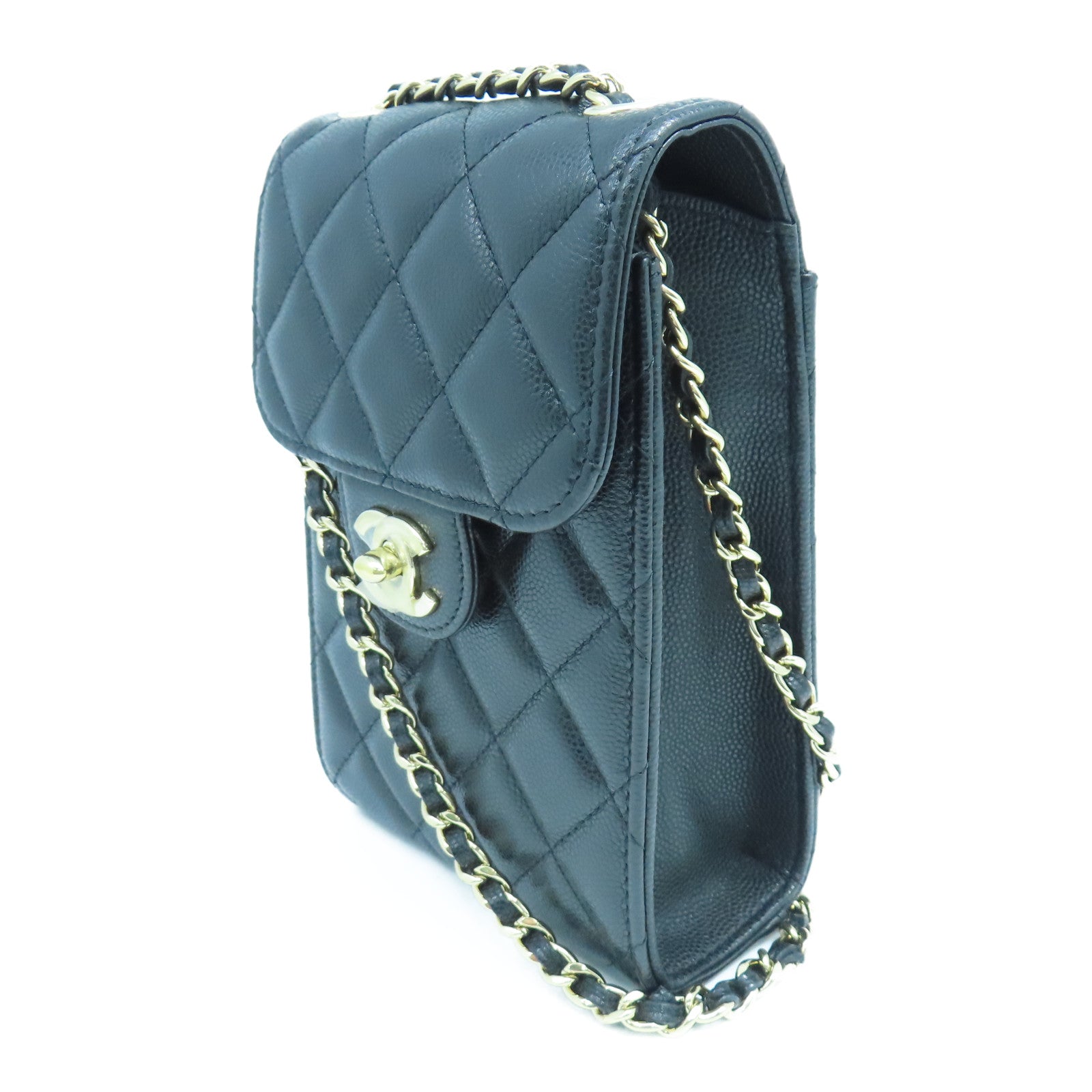 CHANEL 菱格Caviar皮革Shoulder Bag金扣鏈帶肩背袋黑色