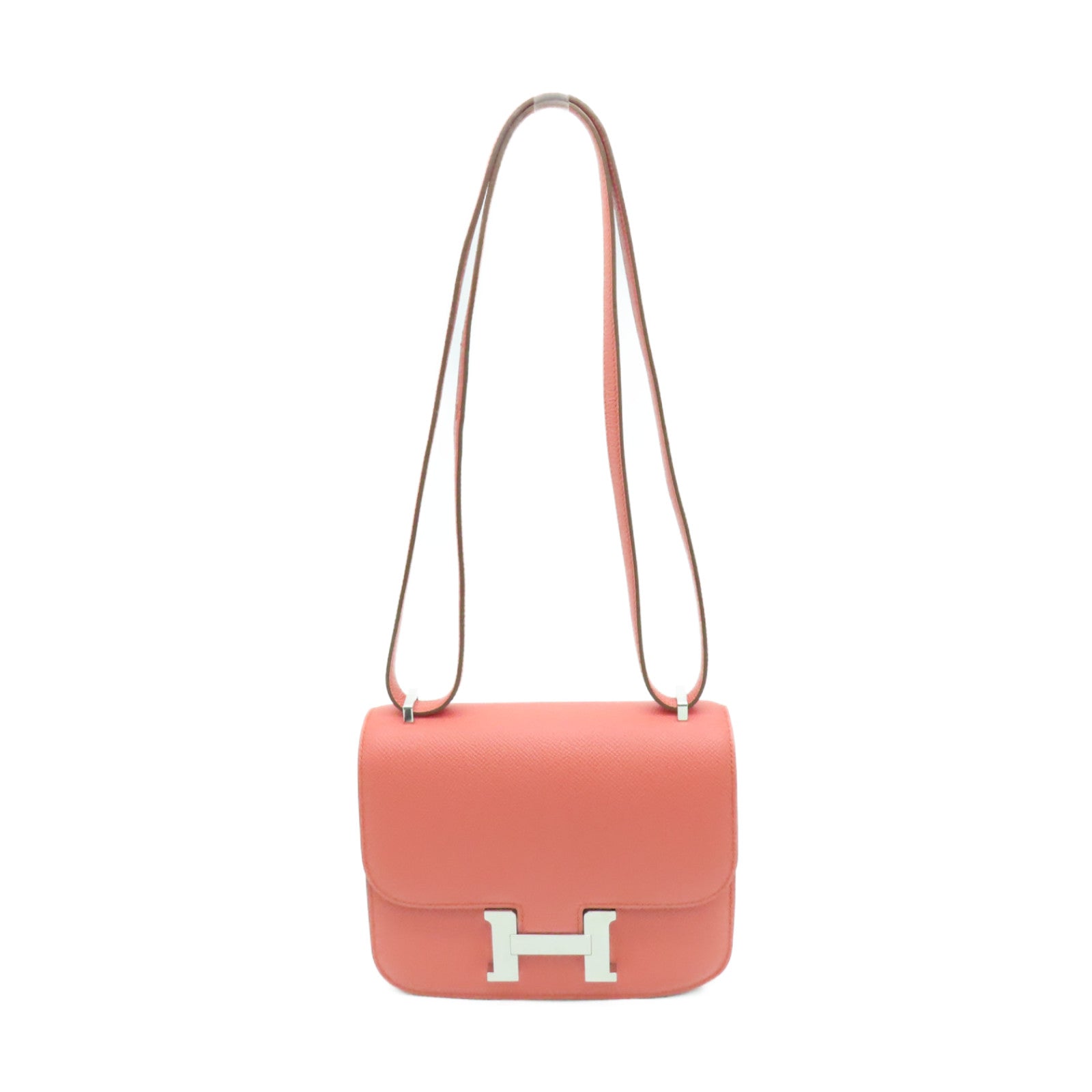 HERMES Epsom皮革Constance Mini銀扣手挽肩背兩用袋Crevette龍蝦粉紅色