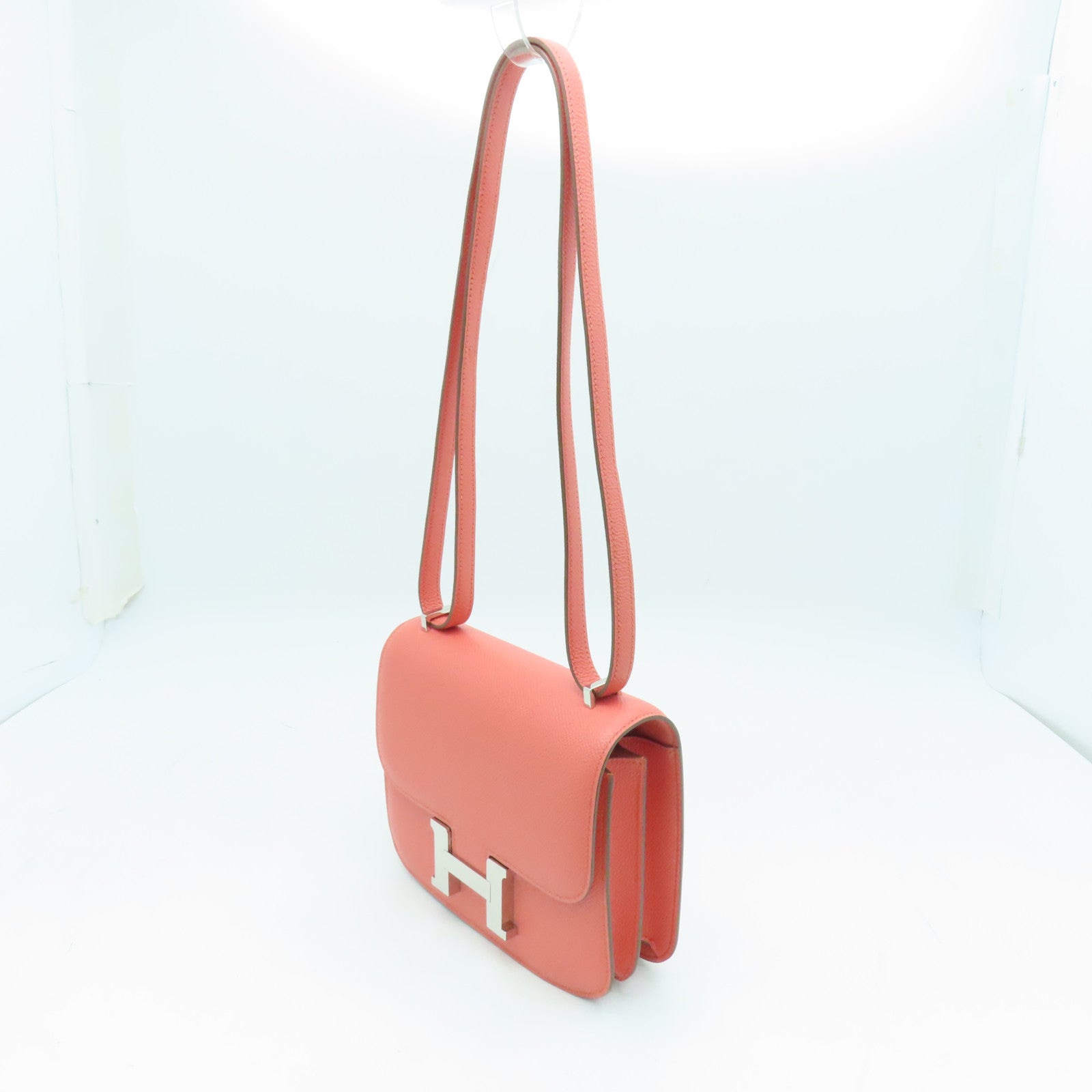 HERMES Epsom皮革Constance Mini銀扣手挽肩背兩用袋Crevette龍蝦粉紅色
