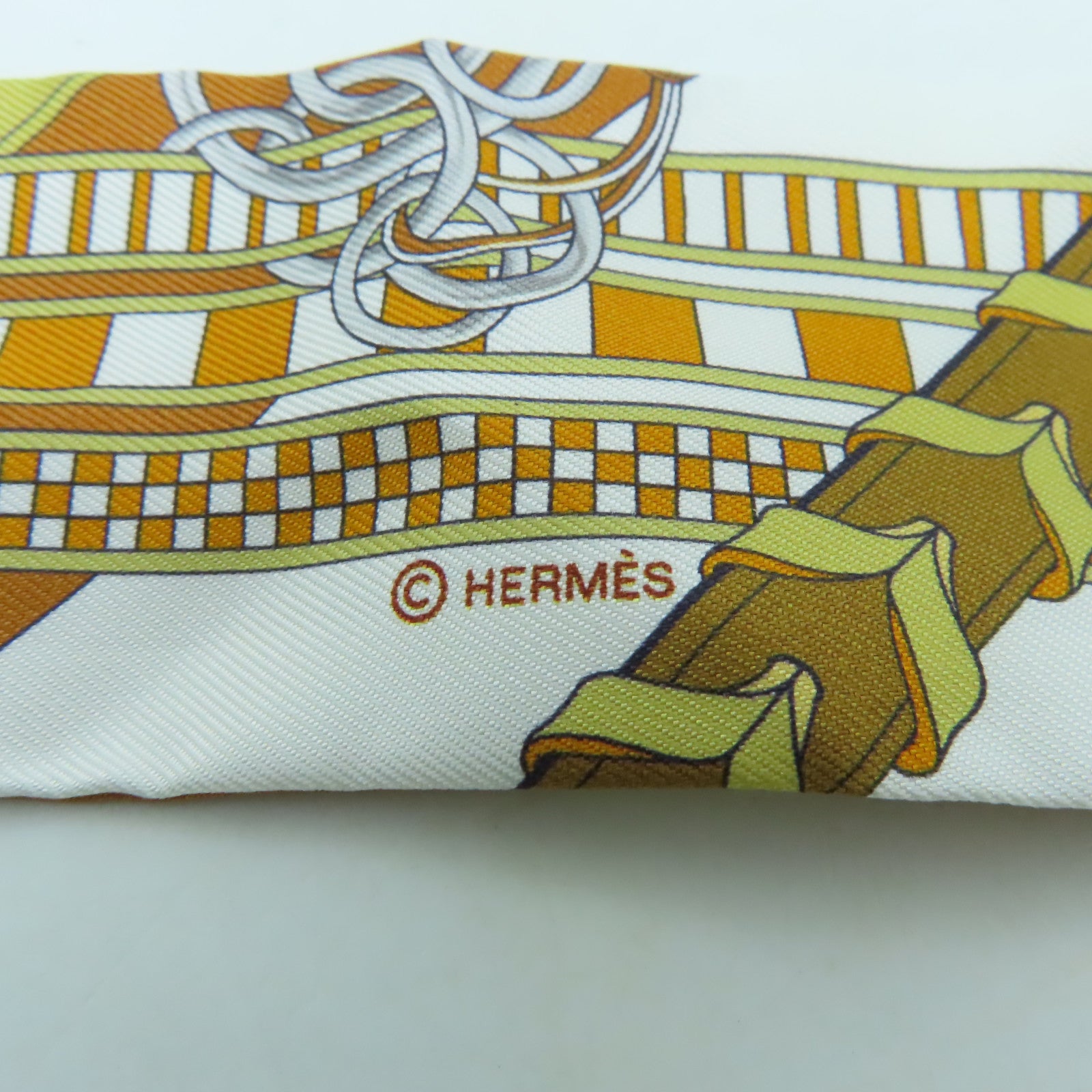 HERMES 絲質Twilly絲巾棕色/白色