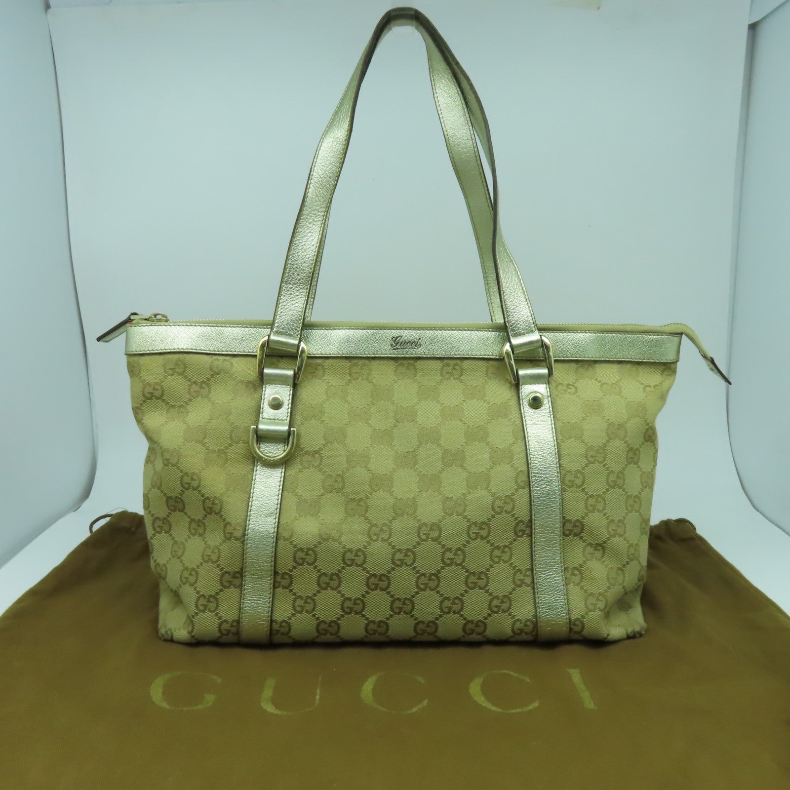 GUCCI 【激減優惠】帆布Hand Bag金扣手挽袋銀色/米色